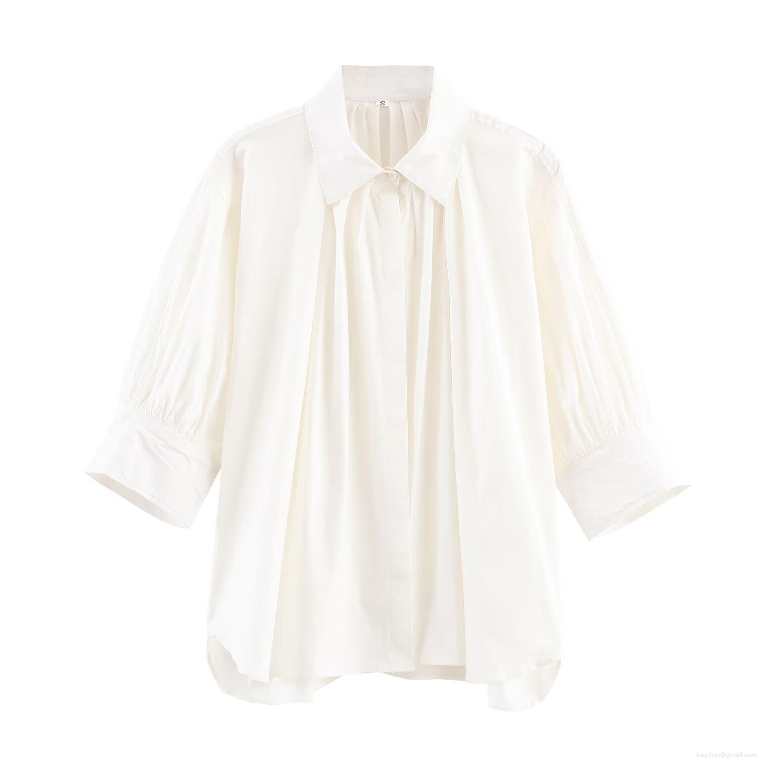 Women Solid White Pleated Lapel Shirt Casual Loose Long Sleeve Button Down Blouse Autumn Streetwear Fashion Top