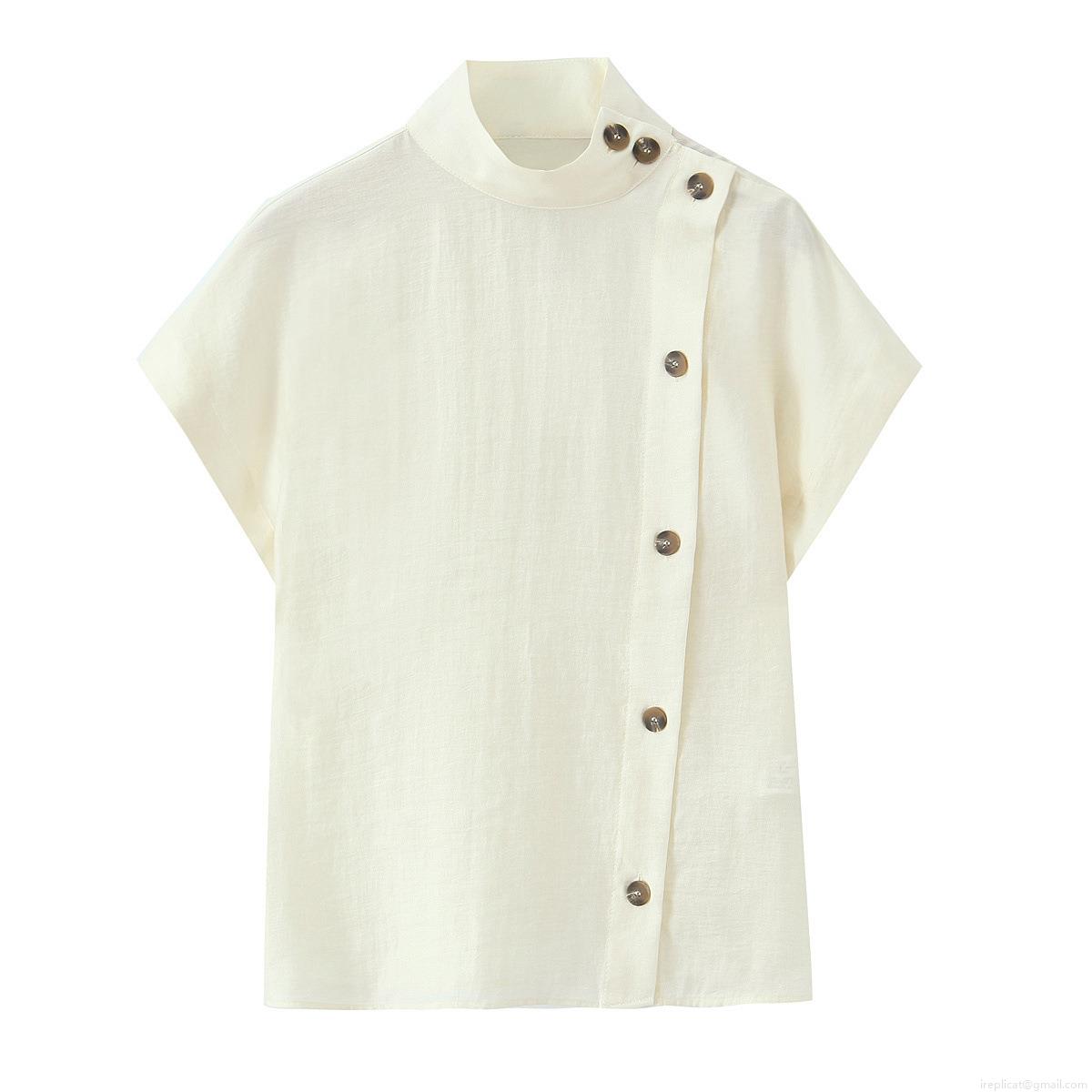 Women's Casual Cotton Linen Texture Short Sleeve Shirt Stand Collar Side Button Solid Color Western Streetwear Blouse Top