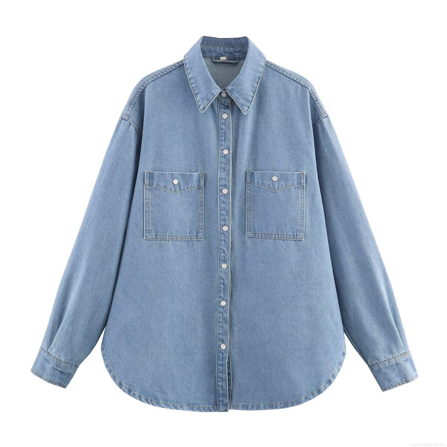 Women's Casual Long Sleeve Denim Shirt Loose Fit Turn-down Collar Solid Color Button Down Blouse With Pockets Curved Hem Streetwear Autumn Tops