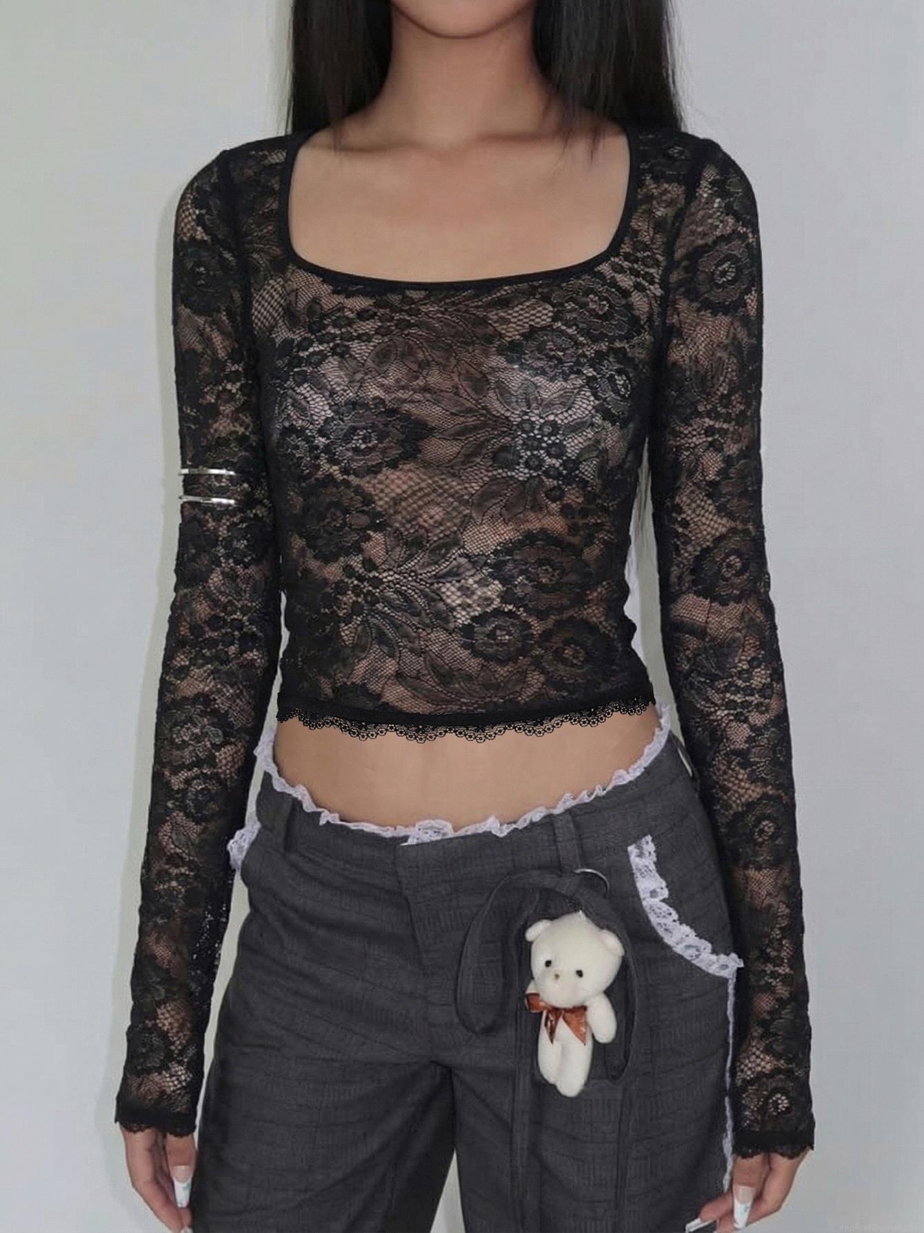 Women's Sexy See Through Lace Top Nylon Spandex Long Sleeve Slim Fit Square Neck Crop Blouse For Party Club Streetwear Y2K Fashion