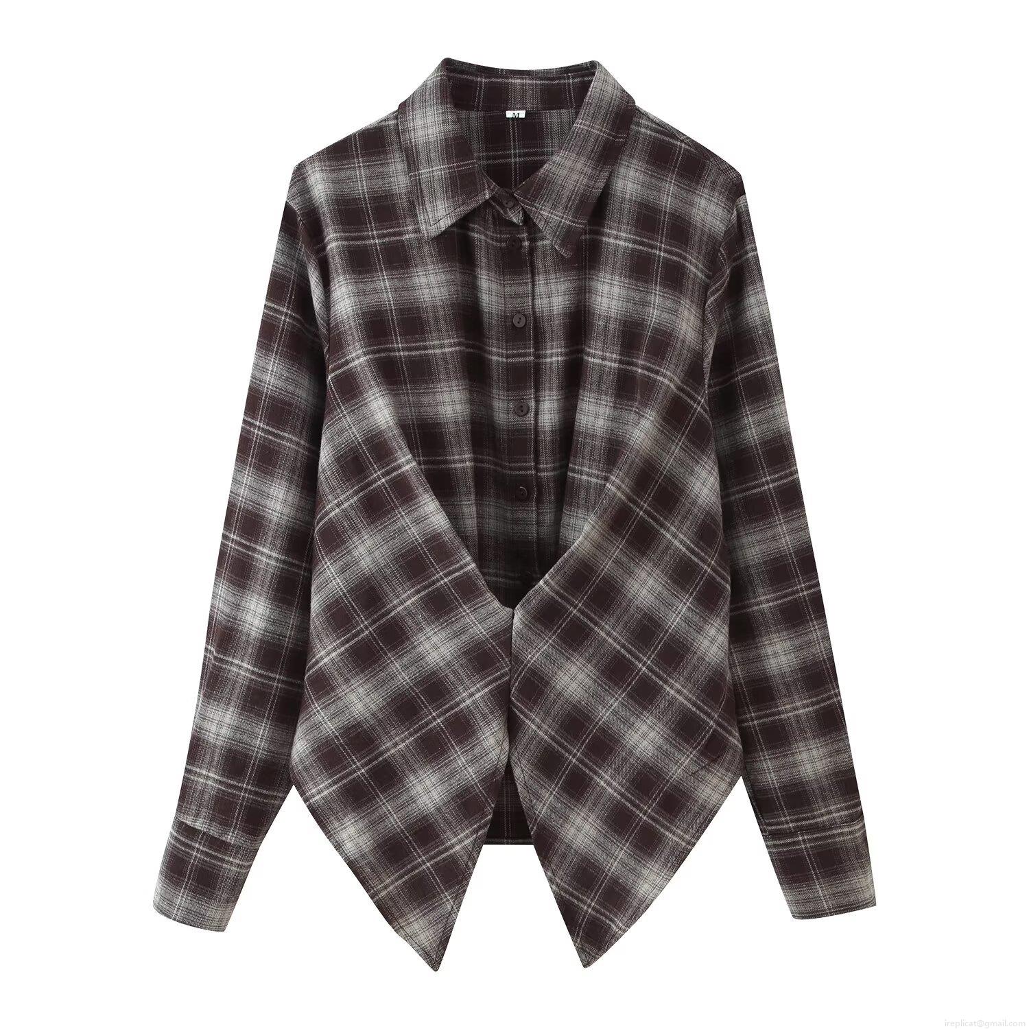 Women's Fashion Plaid Long Sleeve Shirt Jacket Polyester Turndown Collar Single Breasted Loose Casual Blouse With Irregular Hem Autumn Streetwear Top