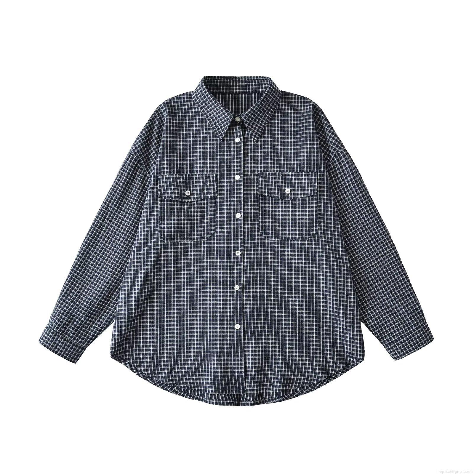 Women Loose Plaid Long Sleeve Shirt Polyester Checkered Turnover Collar Blouse With Double Pockets Casual Streetwear Autumn Daily Top