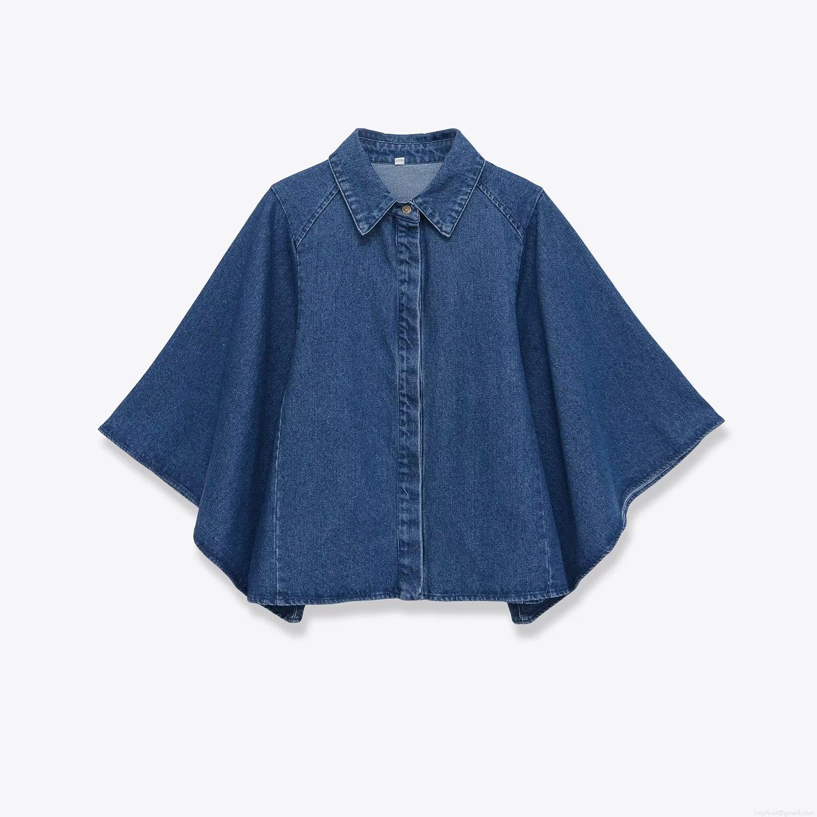 Women's Loose Denim Style Cape Shirt Turn-down Collar Batwing Sleeve Single Breasted Blouse Streetwear Casual Deep Blue Polyester Top
