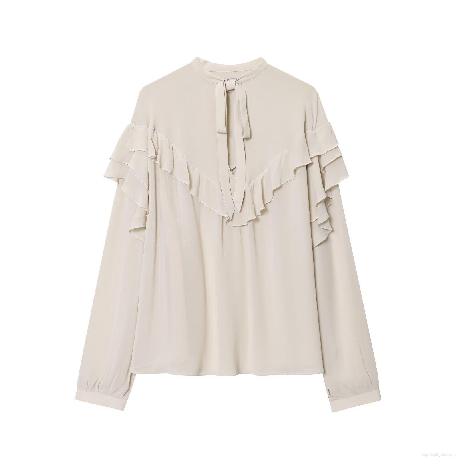Women's Elegant Ruffle Chiffon Blouse Long Sleeve V Neck Tie Front Layered Solid Color Beige Shirt Top For Office Streetwear