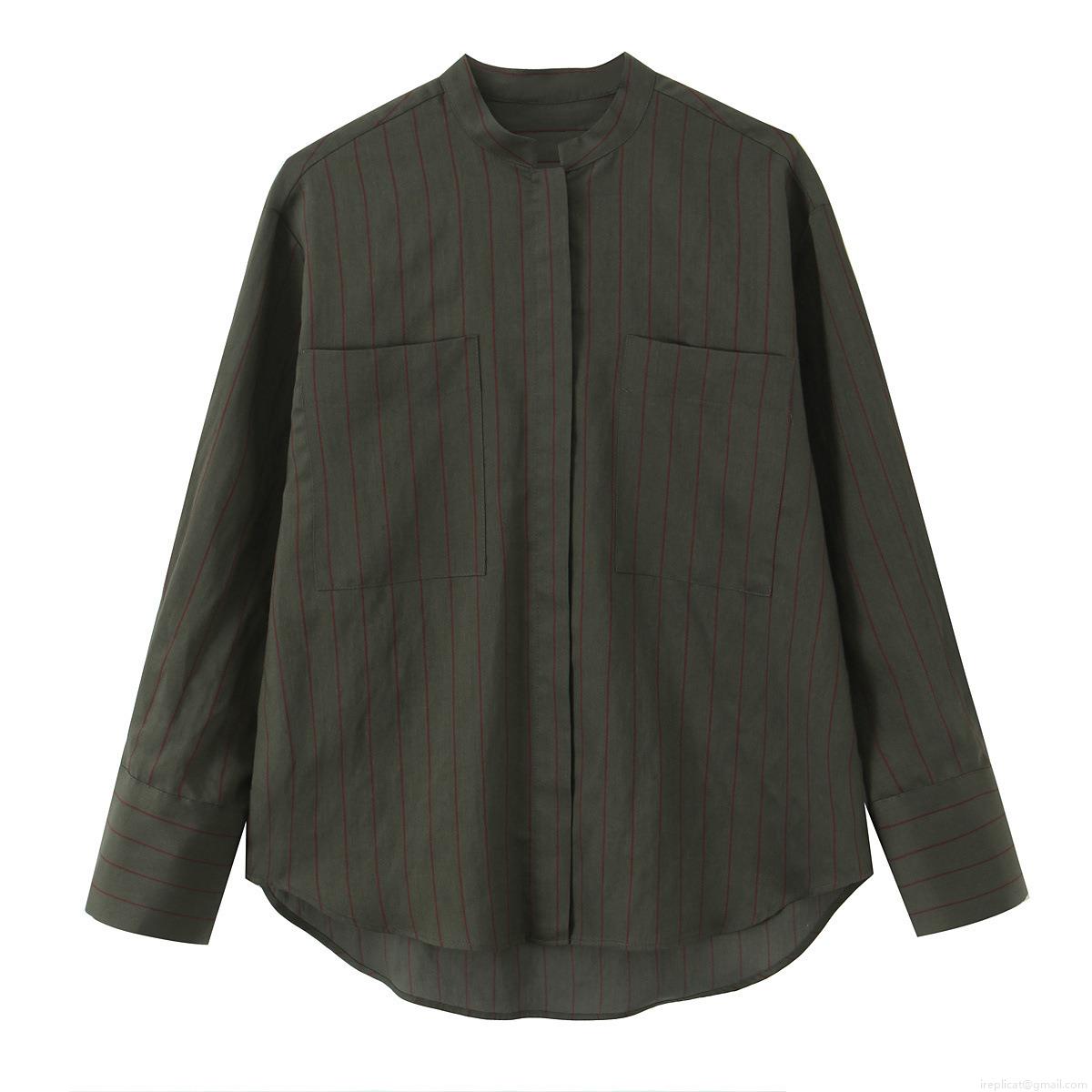 Women's Fashion Striped Stand Collar Shirt Loose Long Sleeve Polyester Blouse With Double Pockets Casual Office Top
