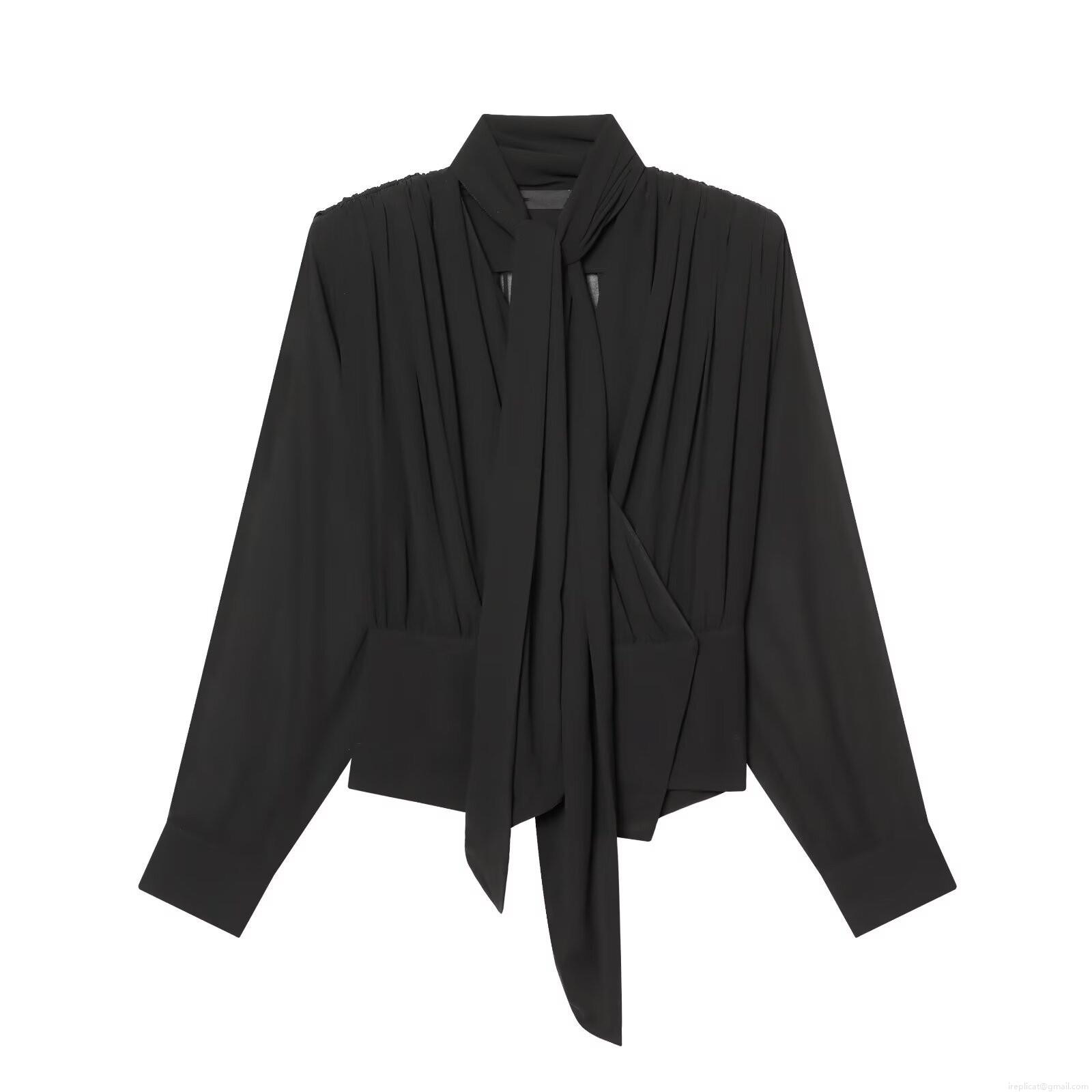 Women's Elegant Pearl Chiffon Blouse Black Long Sleeve Tie Scarf Collar Bow Draped Pleated Shirt Office Commute Casual Top