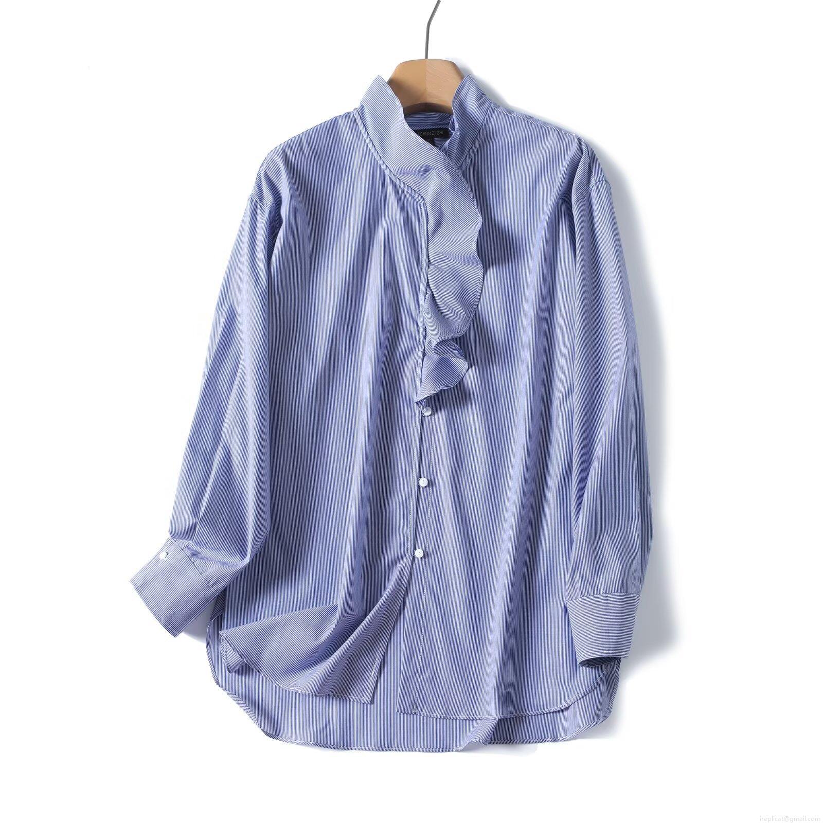 Women's Long Sleeve Shirt 100% Cotton Blue White Vertical Striped Ruffle Mock Neck Blouse French Style Button Down Casual Office Tops