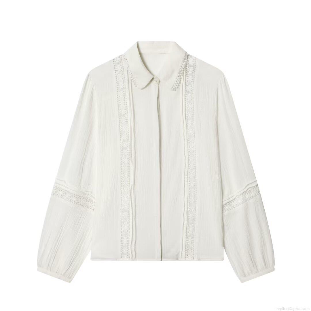 Women Sweet Lace Embroidery Long Sleeve Blouse Loose Turn-down Collar Solid White Polyester Spandex Shirt Casual Chic Tops For Daily Dating Women