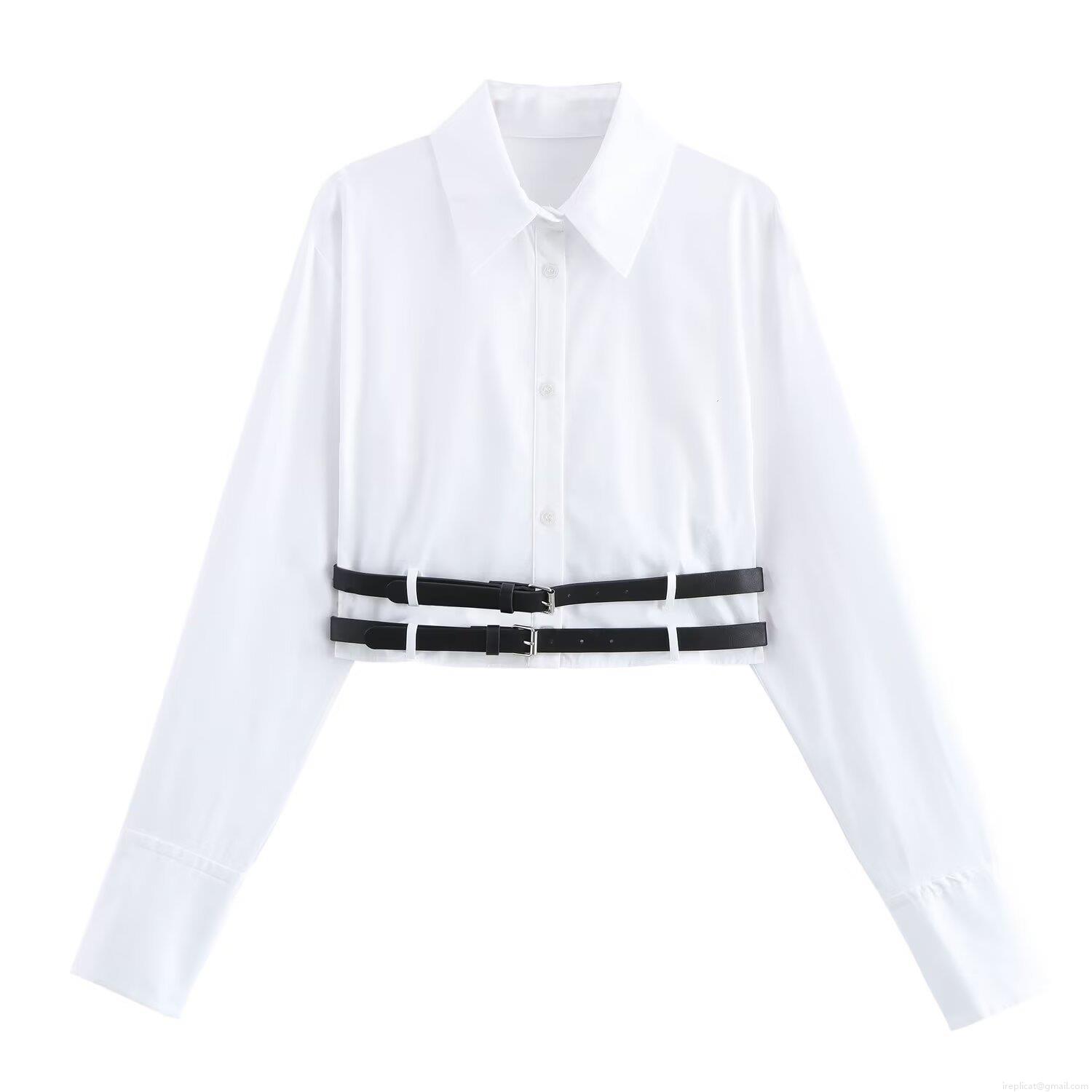 Women's Cropped Shirt With Belt Fashion Casual Long Sleeve Polo Collar Poplin Top Solid Color Autumn Back Strap Design Blouse For Women