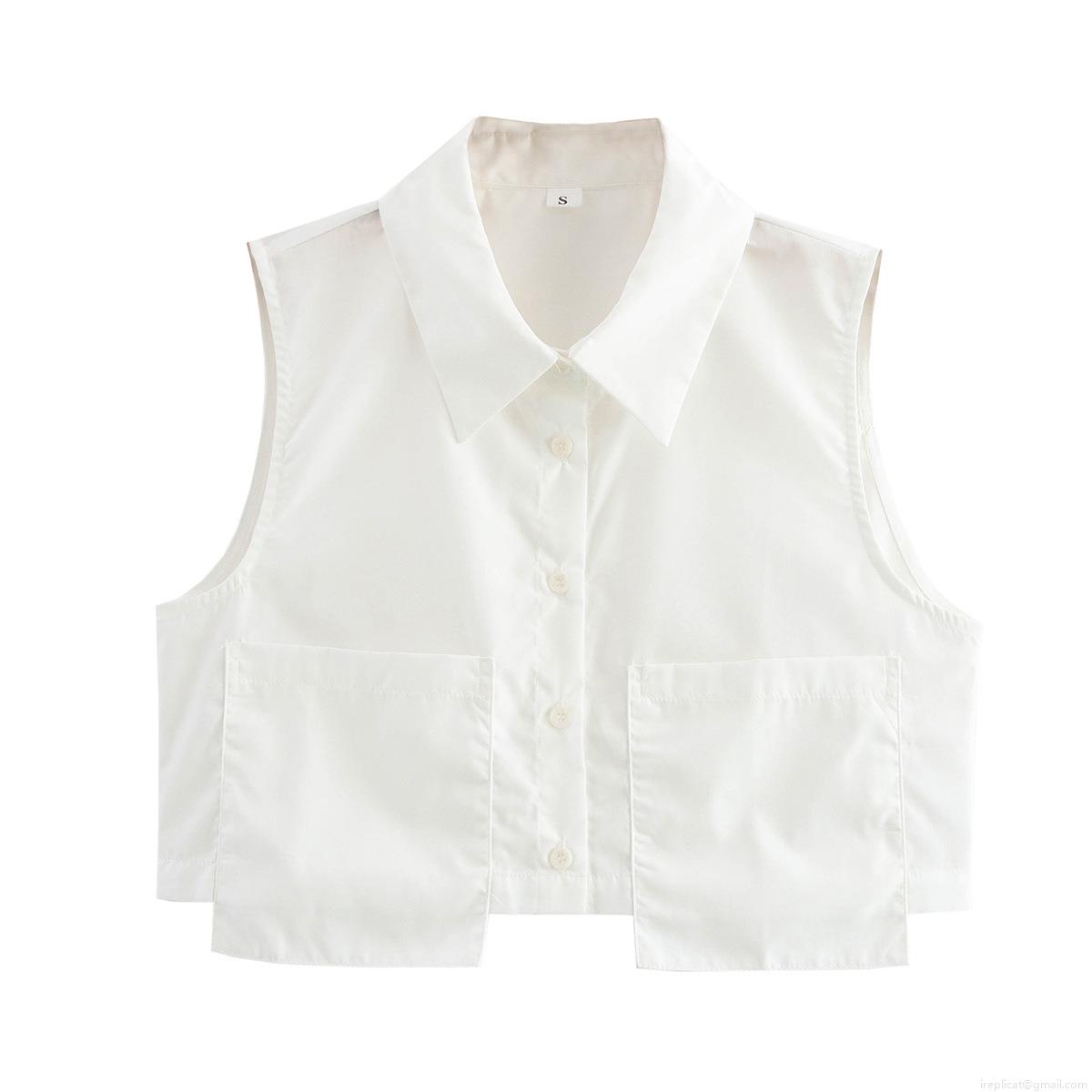 Women Minimalist Sleeveless Short Shirt Blouse 100% Polyester Lapel Collar Double Pockets Single Breasted Solid Color Summer Casual Office Top