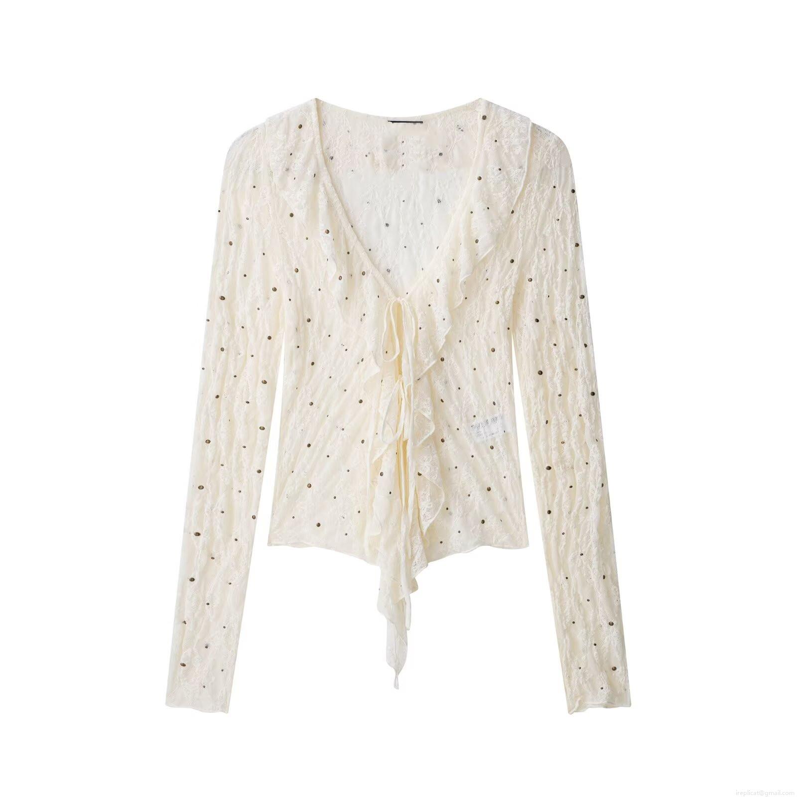 Women's Sexy Lace Blouse Long Sleeve V-Neck Ruffle Tie-Front Slim Fit Top With Metal Studs Polyester Spandex Elegant Chic Shirt For Party Club Date Night Daily Wear