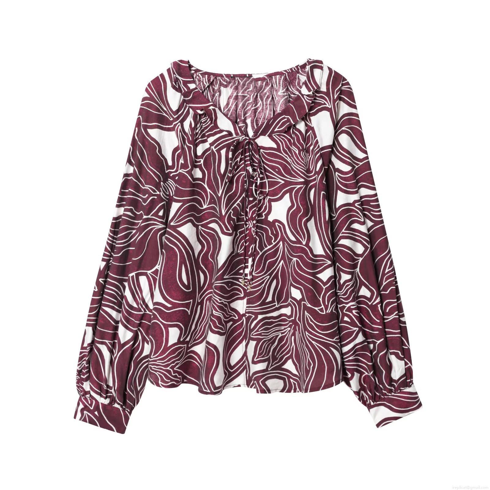 Women's Elegant Floral Print Long Sleeve Blouse Polyester Spandex Ruffle Neck Tie Casual Pullover Top Autumn Fashion Shirt