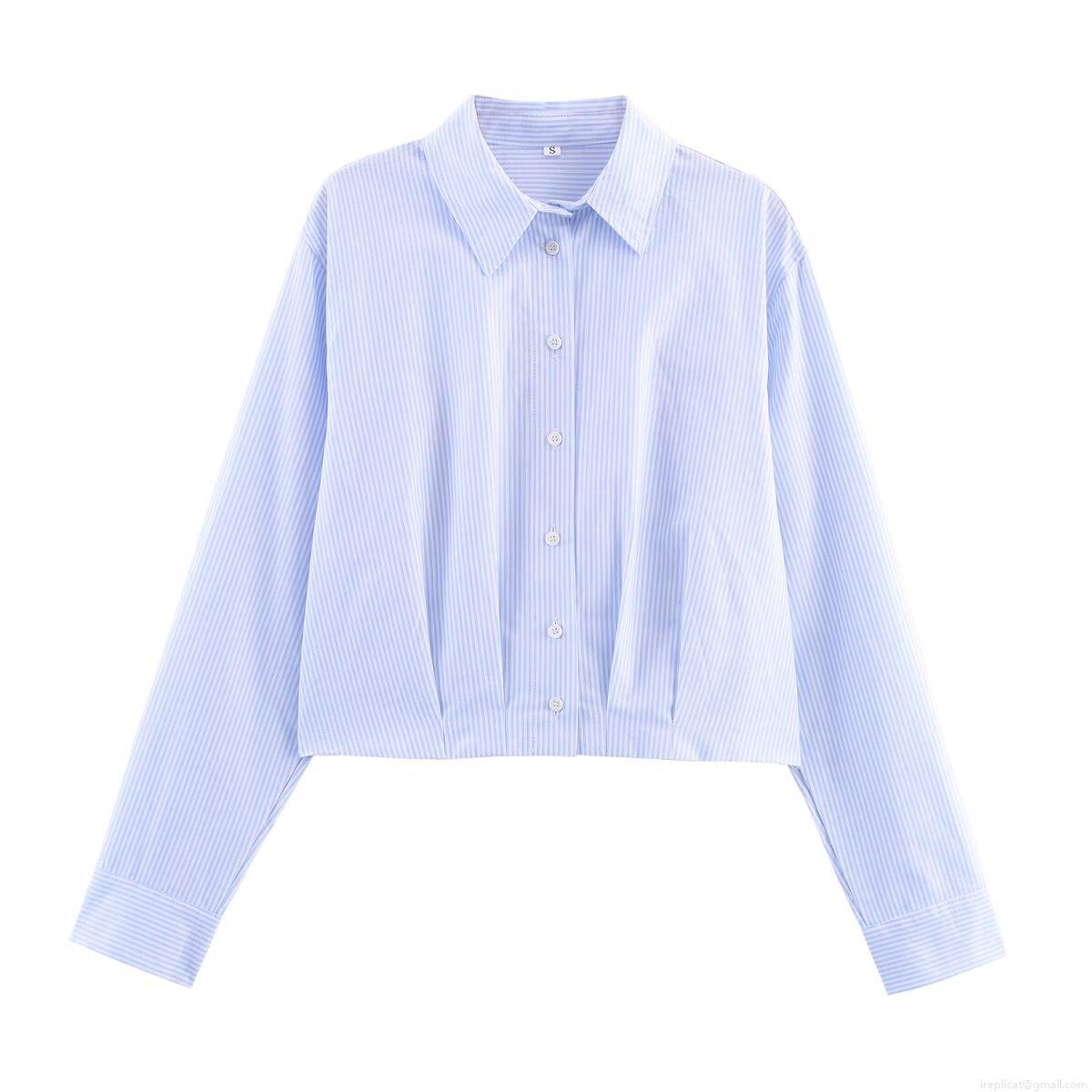 Women's Fashion Striped Short Shirt Pleated Waist Turn-Down Collar Long Sleeve Blouse Casual Office Style Single-Breasted Polyester Spandex Top