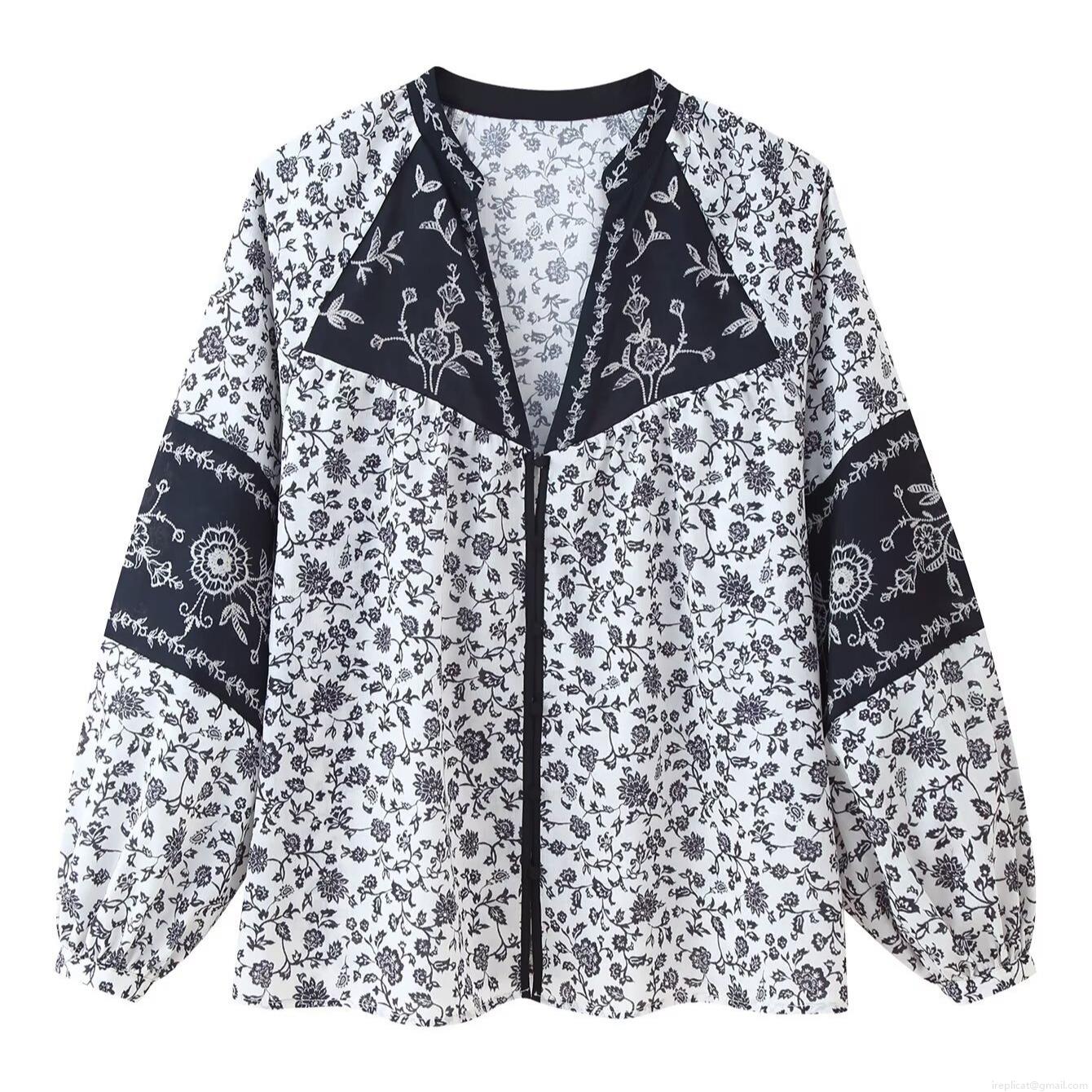 Women's Casual Vintage Floral Print Blouse V-Neck Long Sleeve Patchwork Loose Pullover Top Polyester Woven Shirt For Women
