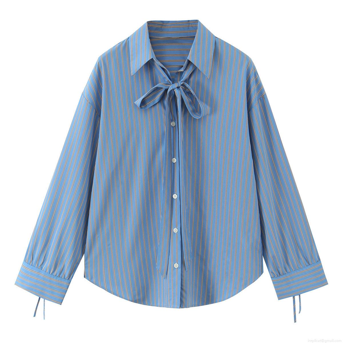 Women Striped Long Sleeve Blouse Bow Tie Neck Casual Loose Shirt For Daily Office Fashion Polyester Spandex Blend Striped Top