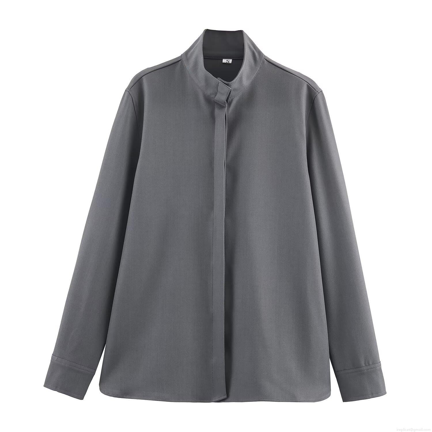Women Stand Collar Shirt Long Sleeve Casual Loose Solid Color Polyester Spandex Blouse Autumn Minimalist Fashion Office Lady Top