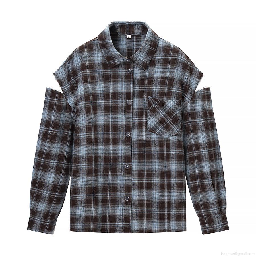 Women's Fashion Polyester Plaid Shirt Casual Cut-out Shoulder Frayed Edge Button Down Long Sleeve Blouse Top For Daily Wear