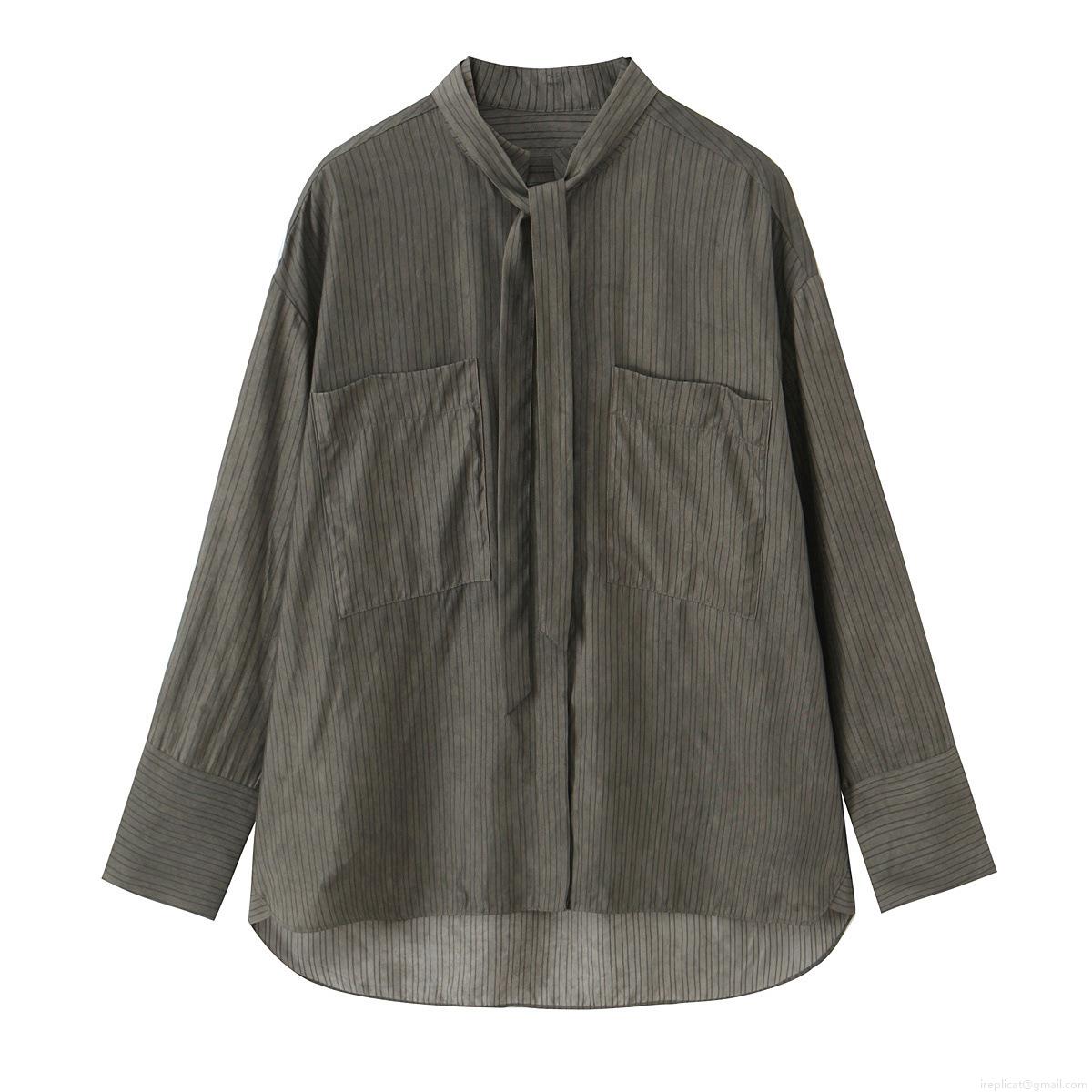 Women's Striped Tie Neck Blouse Casual Long Sleeve Polyester Spandex Shirt With Front Pockets Relaxed Fit Button Down Work Top For Spring Winter