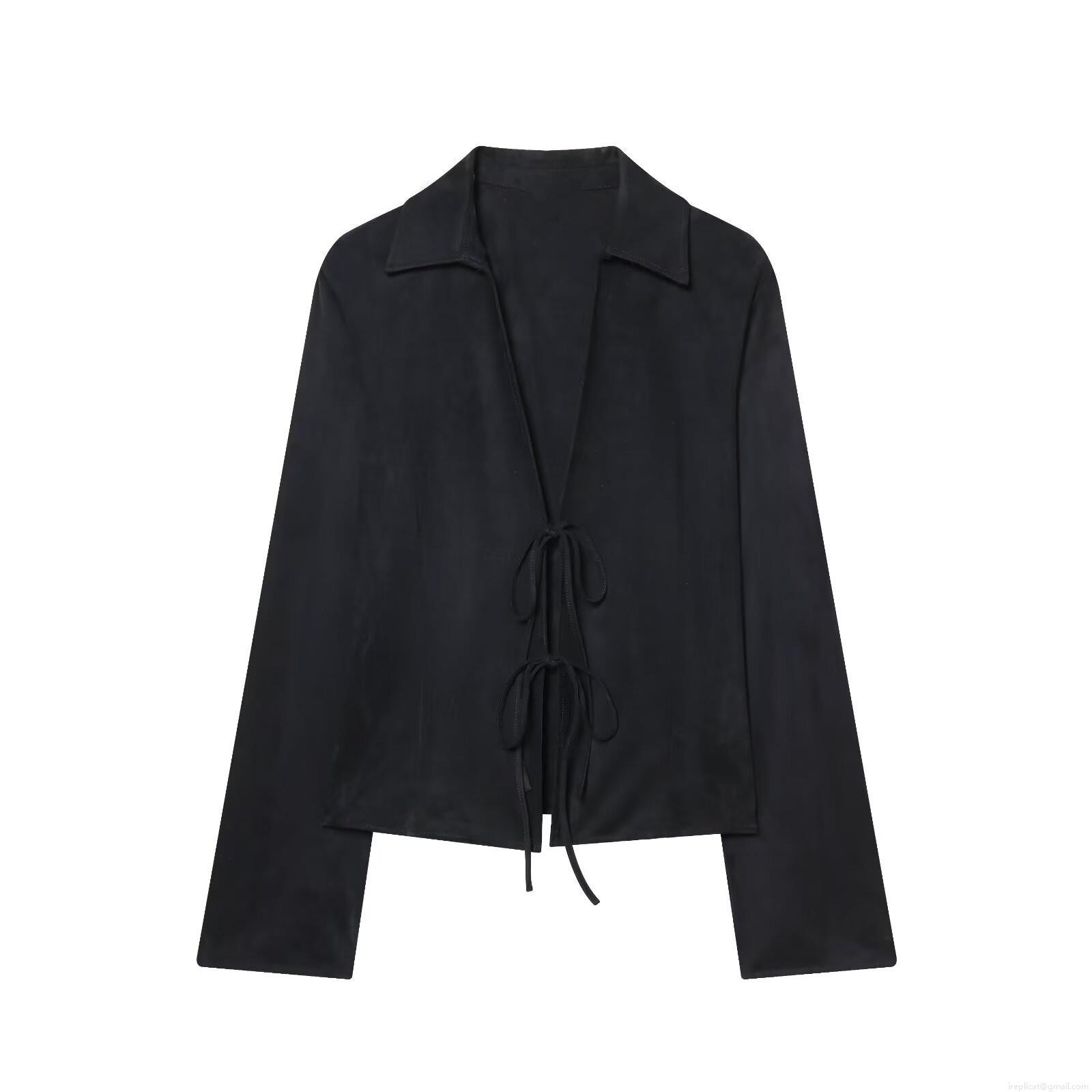 Women's Fashion Minimalist Black Tie-Front Suede Effect Long Sleeve Shirt Casual Polyester Spandex Blouse Top For Autumn Winter Lady