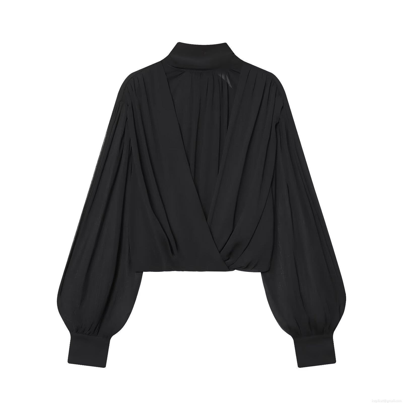 Women's Elegant Black Pleated Chiffon Blouse Long Sleeve Lantern Sleeve Bow Tie Back Stand Collar V Neck Casual Fashion Top For Party Office Lady