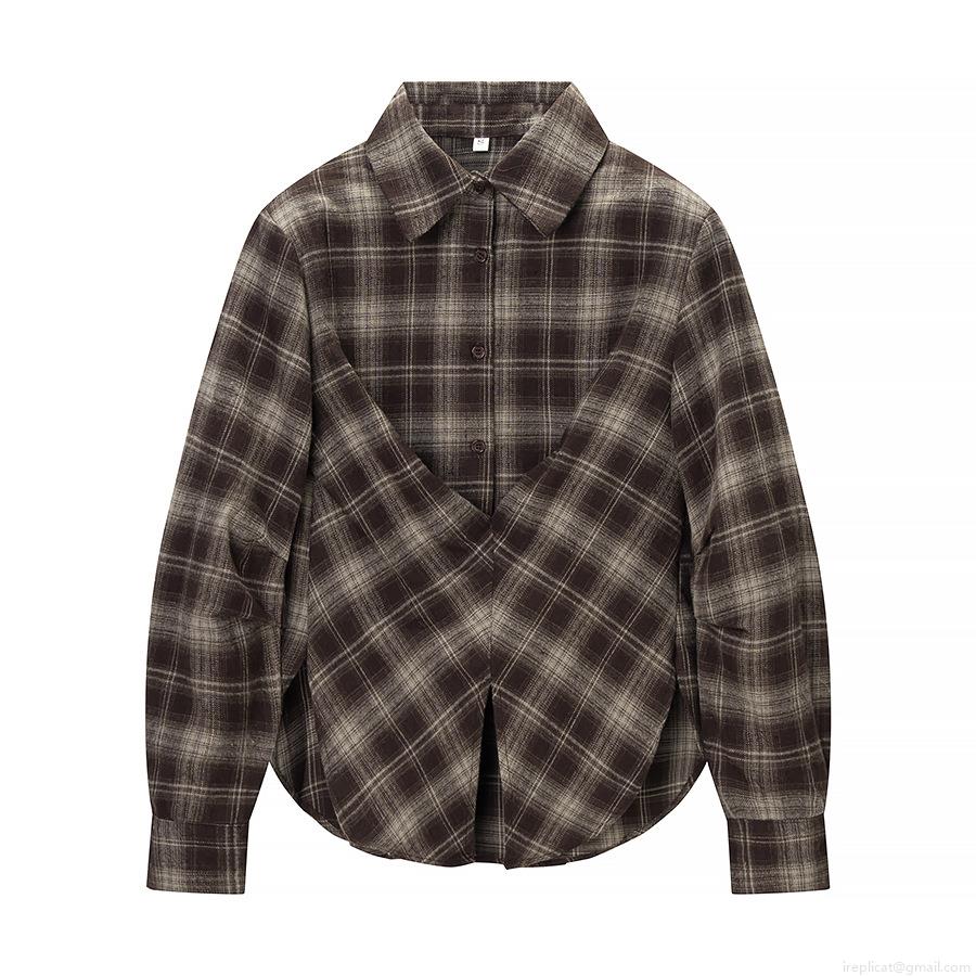 Women's Vintage Brown Plaid Long Sleeve Shirt Waist Narrowing Button Up Flannel Texture Blouse Casual Checkered Top For Ladies