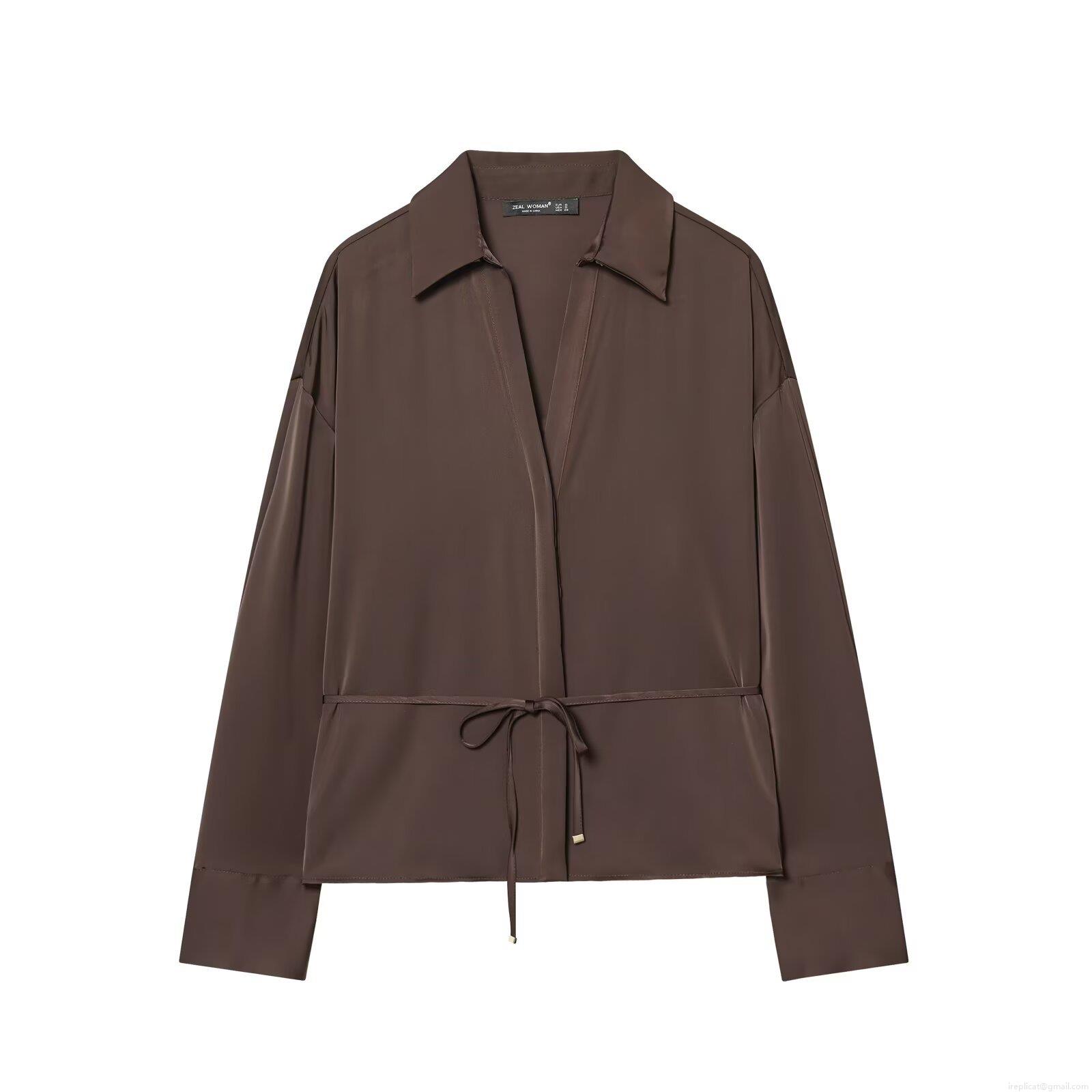 Elegant Women's 100% Polyester Satin Long Sleeve Blouse Shirt With Waist Tie Coffee Brown Lapel V-Neck Top For Office Daily Commute Casual Chic Fashion