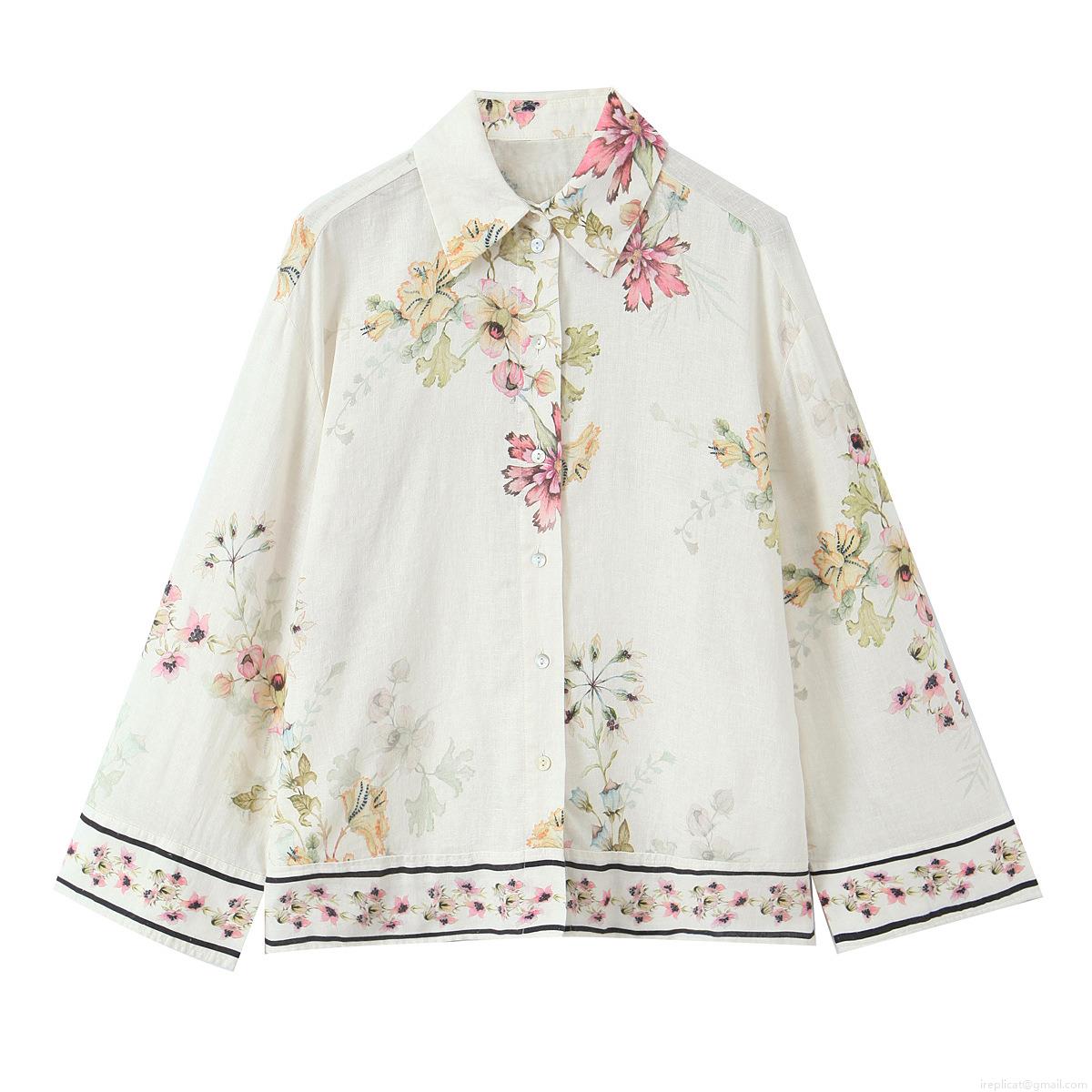 Women's Floral Print Long Sleeve Blouse Vintage Cotton Blend Button Down Shirt French Pastoral Style Casual Tops For Daily Vacation Wear