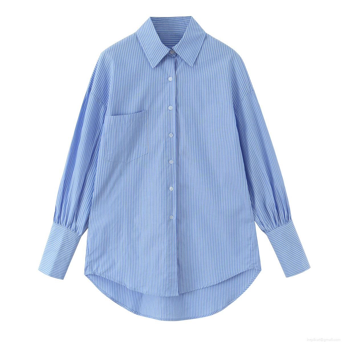 Women's 100% Cotton Blue White Striped Shirt Loose Casual Long Sleeve Blouse High-Low Hem Single Pocket Button Down Top Spring Autumn Office Wear