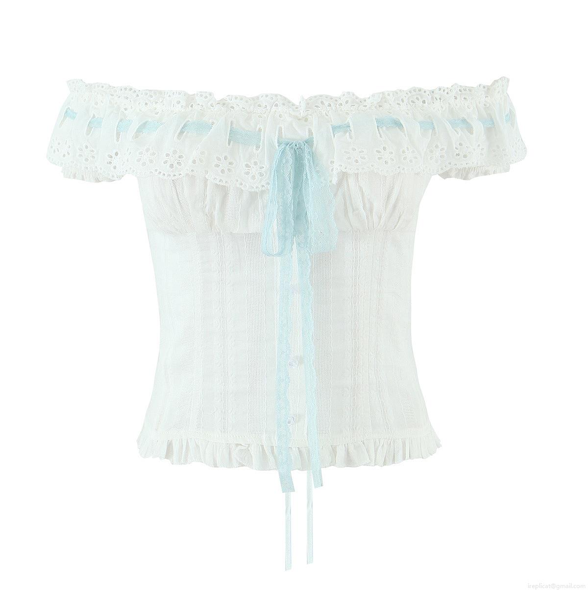 French Vintage White Off-Shoulder Lace Top Women Sweet Eyelet Embroidery Blouse With Light Blue Ribbon Bow Ruffle Hem Summer Short Shirt