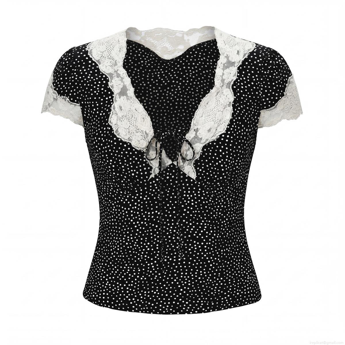 Women's Vintage Polka Dot Blouse 100% Rayon Lace Patchwork V-Neck Short Sleeve Top With Bow Tie Fashion Casual Summer Shirts For Women