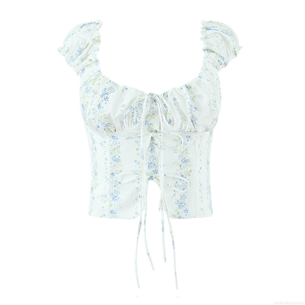 Women's French Retro Floral Crop Top Polyester Lace Up Front Puff Sleeve Blouse For Summer Vacation Dating Women Sweet Square Neck Shirt