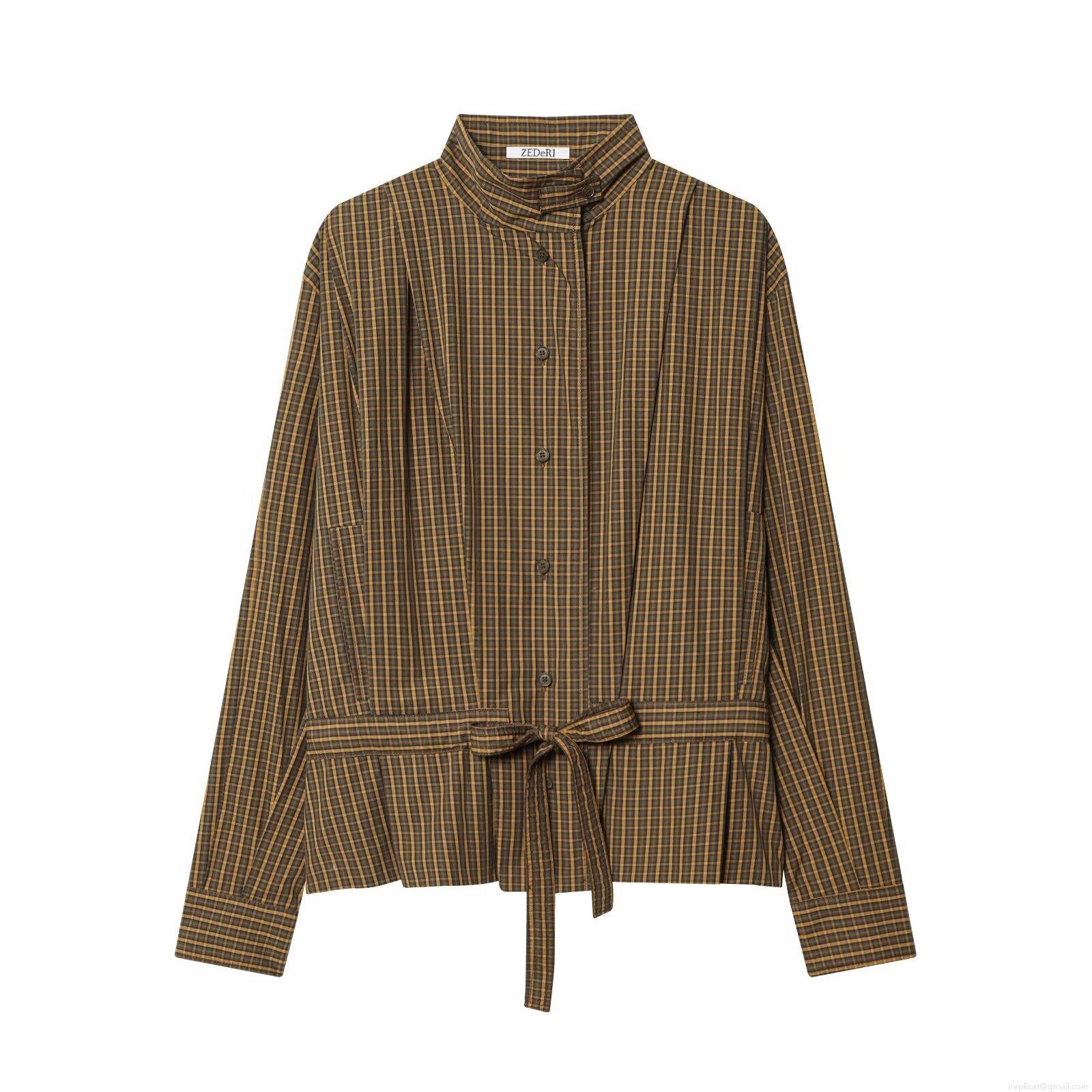 Women's Plaid Long Sleeve Blouse Shirt Polyester Retro Bow Tie Waist Button Down Stand Collar Casual Elegant Tops For Ladies
