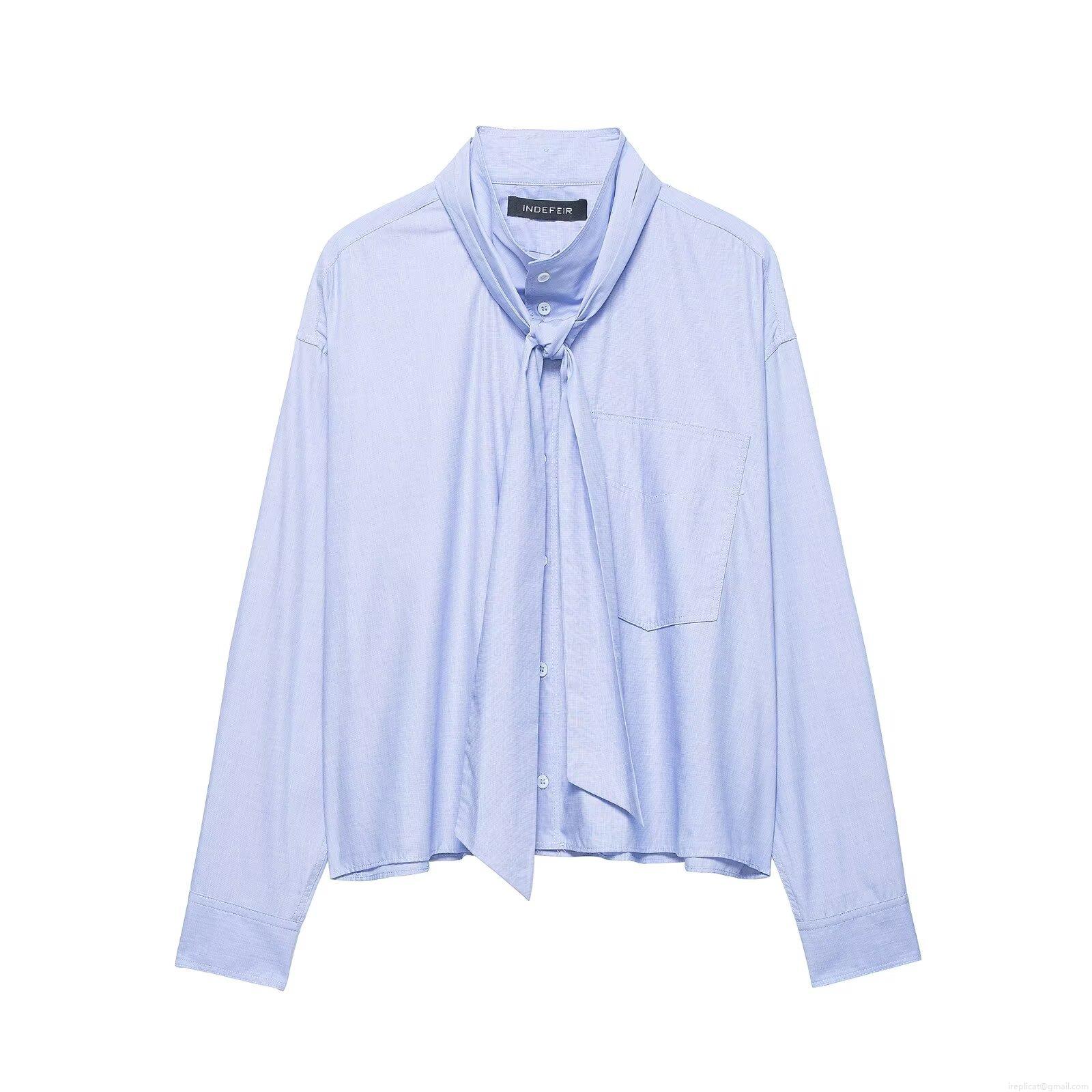 Women Elegant Pussy Bow Long Sleeve Blouse Polyester Solid Color Front Pocket Button Down Shirt Office Work Casual Tops Light Blue