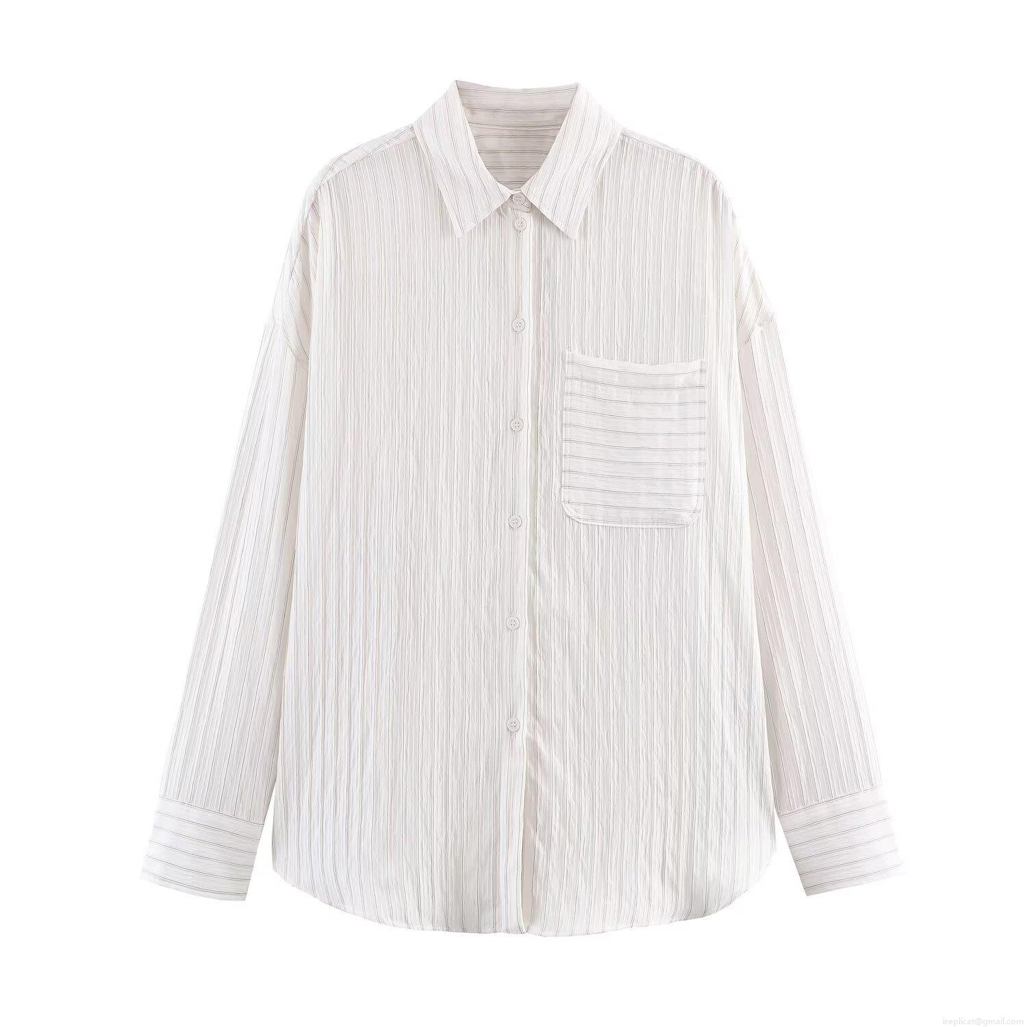 Women's Fashion Striped Blouse Long Sleeve Polyester Shirt With Pocket Single Breasted Drapey Casual Top For Ladies Spring Autumn Wear