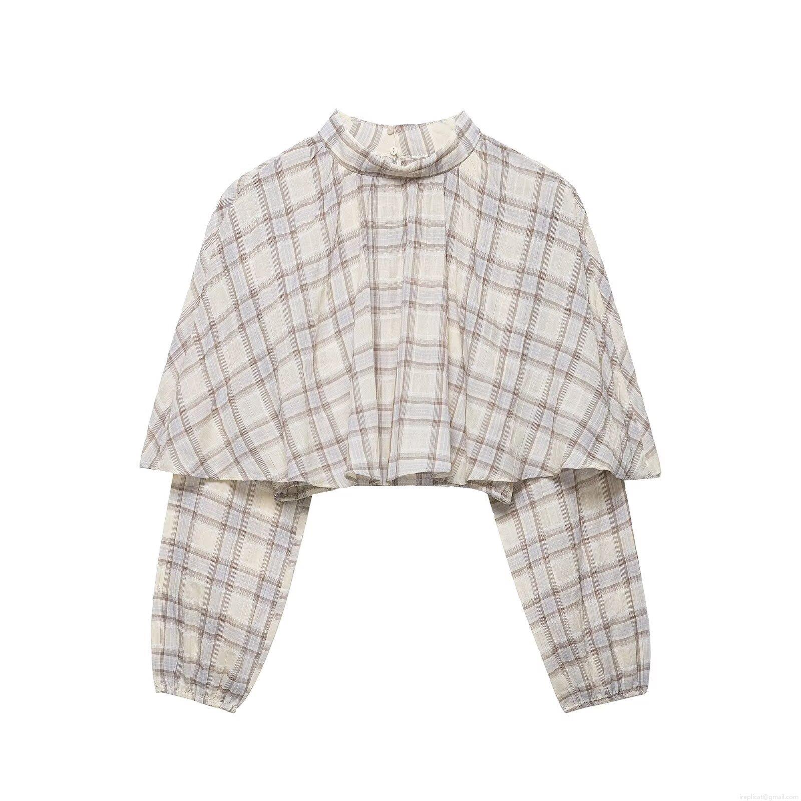 Women's Plaid Layered Crop Top High Neck Long Sleeve Cape Overlay Blouse 100% Polyester Woven Check Pattern Streetwear Casual Autumn Top