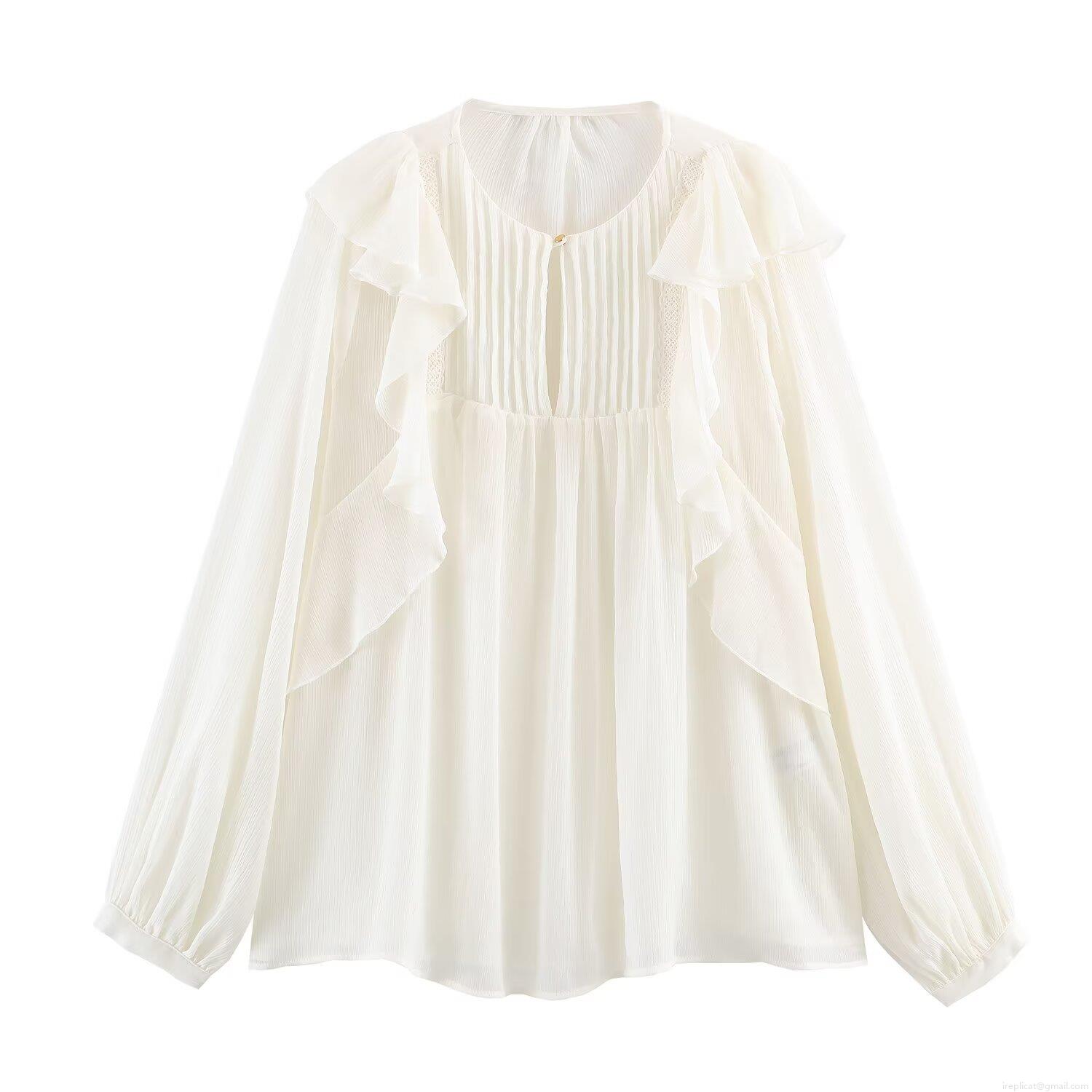 Women French Romantic White Chiffon Blouse Long Lantern Sleeve Ruffle Layered Pleated Button Down Shirt Elegant Lady Office Party Top