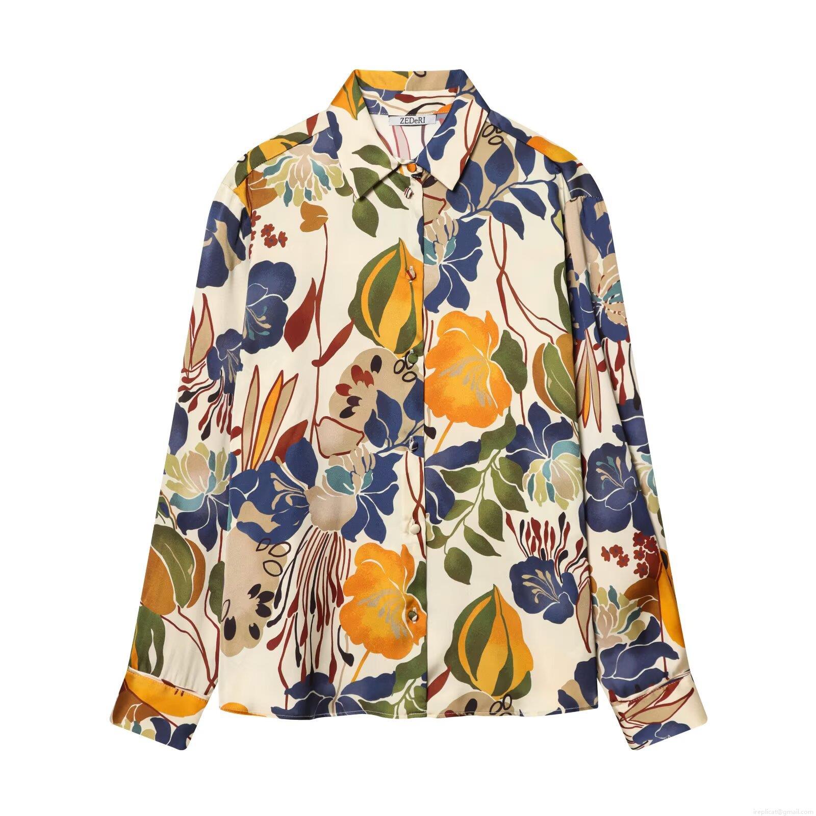 Women's Vintage Floral Print Long Sleeve Shirt Elegant Twill Satin Button Down Blouse Office Daily Casual Chic Polyester Top Retro Botanical Pattern