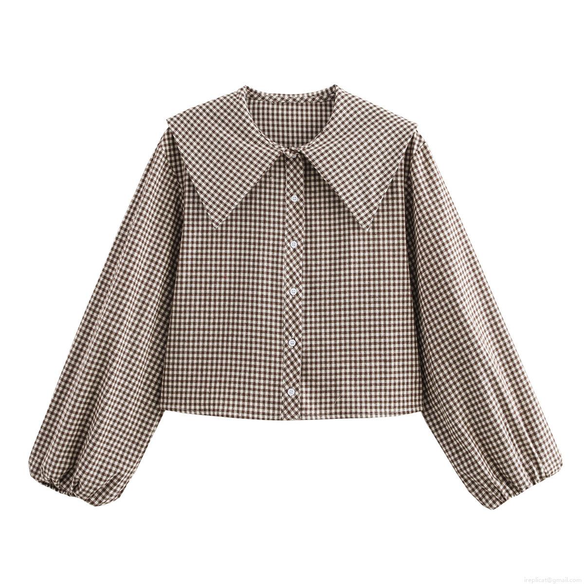 Women's Vintage Plaid Cropped Blouse With Large Pointed Collar And Long Lantern Sleeves Casual Button Down Polyester Shirt For Women