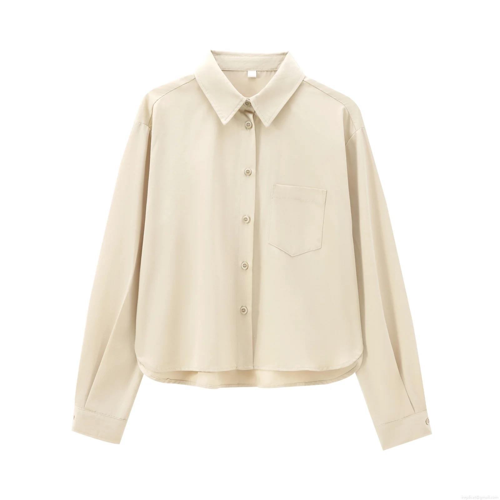Women's Elegant Apricot Twill Shirt Lapel Single Breasted Long Sleeve Blouse With Pocket Casual Office Work Wear Plain Polyester Tops for Ladies