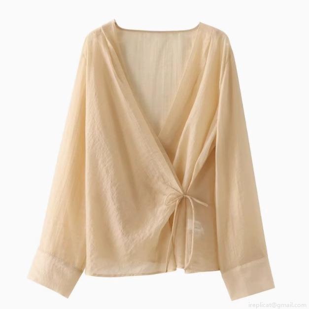 Women's Elegant V-Neck Wrap Shirt Semi-Transparent Crinkle Tencel Blouse Long Sleeve Tie Waist Tops For Party Office Casual Lady Blouses