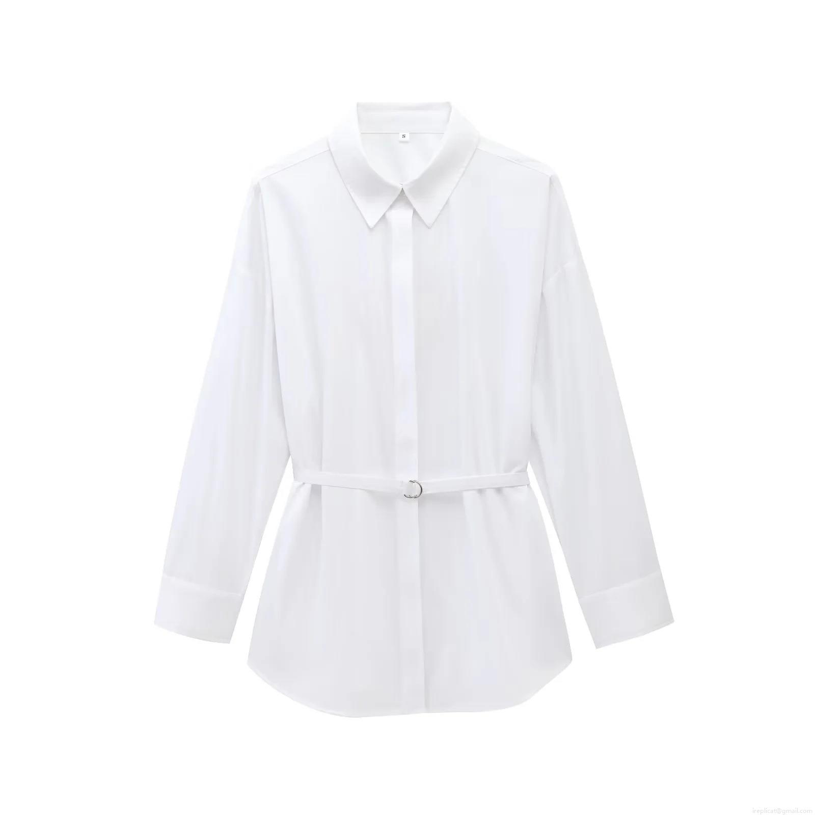 Women's Elegant Poplin Long Sleeve Shirt With Waist Belt Metal Ring Slim Fit Solid White Button Down Blouse For Office Commute Party Clothing