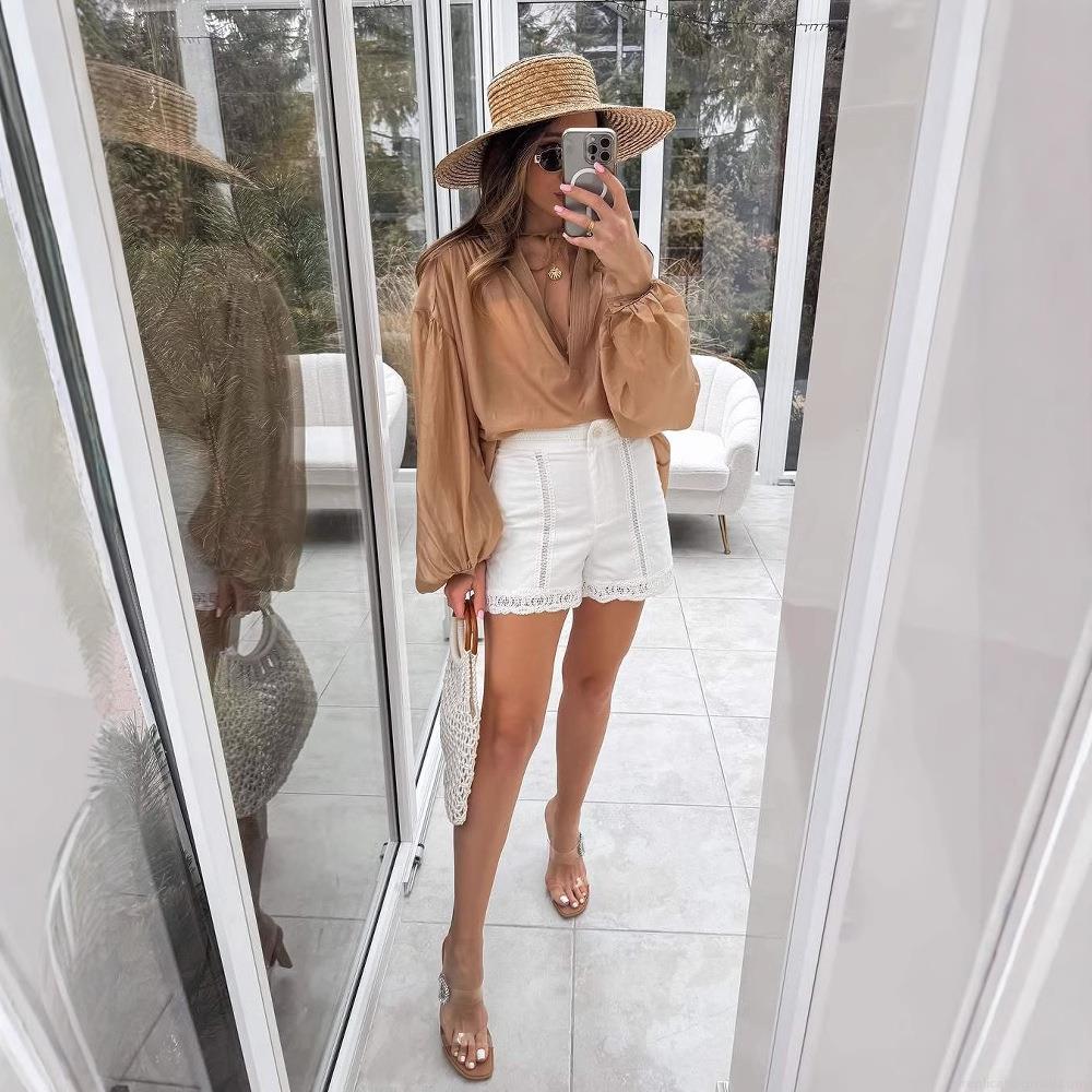 Women's Elegant V Neck Lantern Long Sleeve Blouse Solid Color Single Breasted Polyester Chiffon Shirt For Vacation Daily Wear