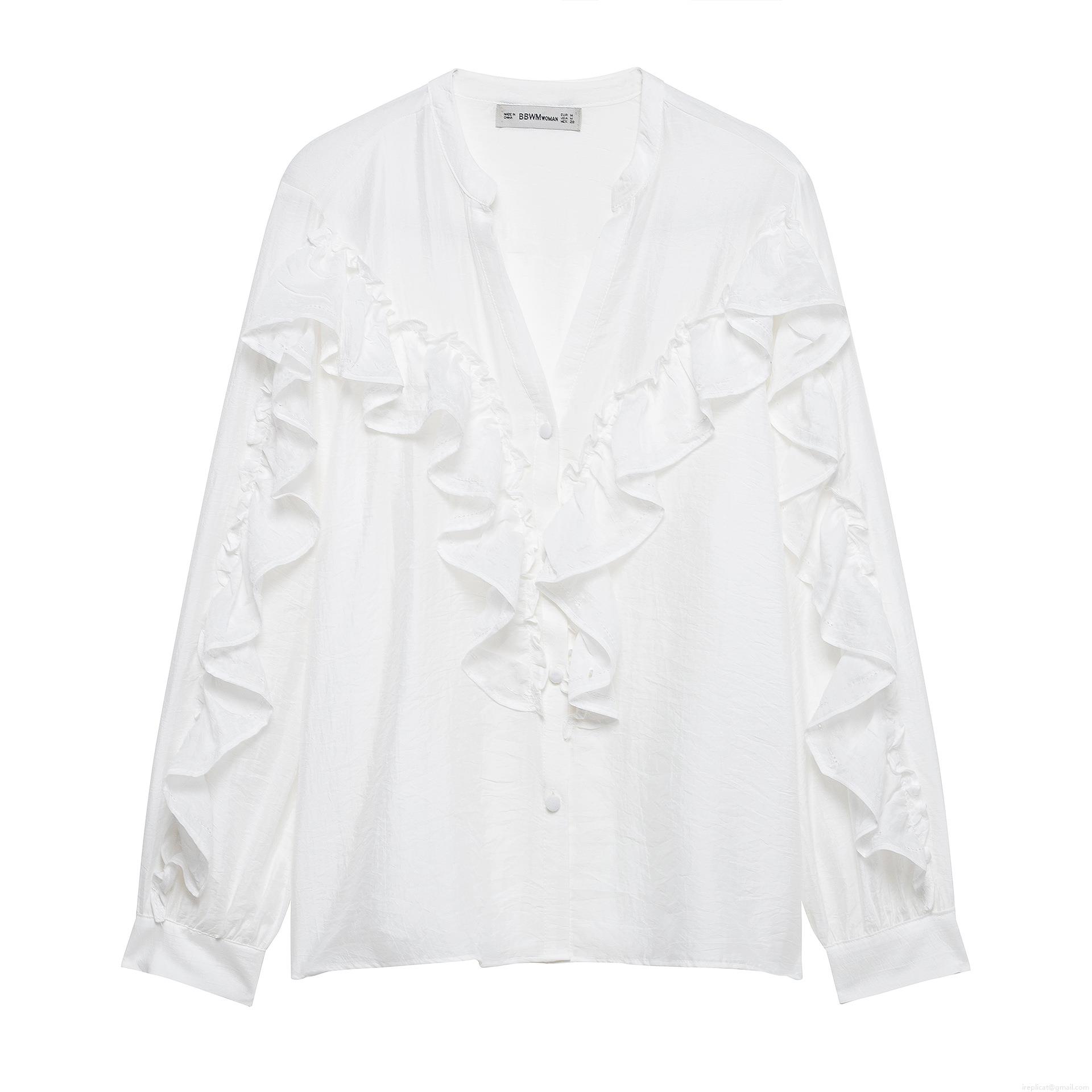 Women's Elegant Ruffle Tiered V Neck Long Sleeve Blouse Casual Solid White Polyester Shirt For Party Office Ladies