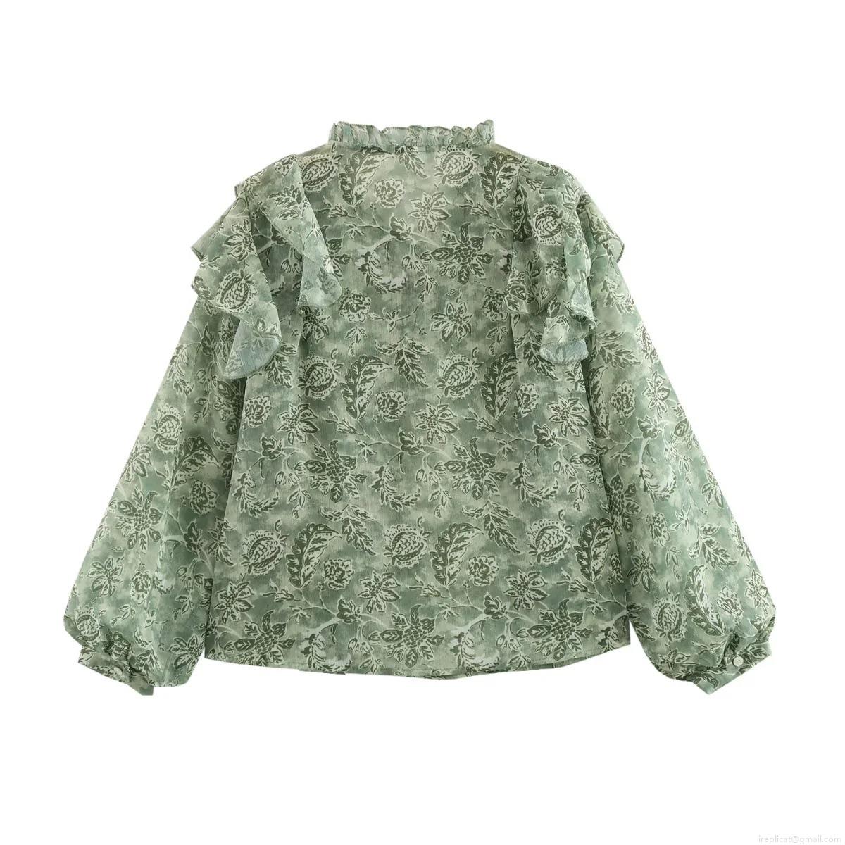 Women's Long Sleeve Floral Print Blouse Lightweight Polyester Chiffon Ruffle Stand Collar Tie Front Fashion Casual Tops For Daily Date