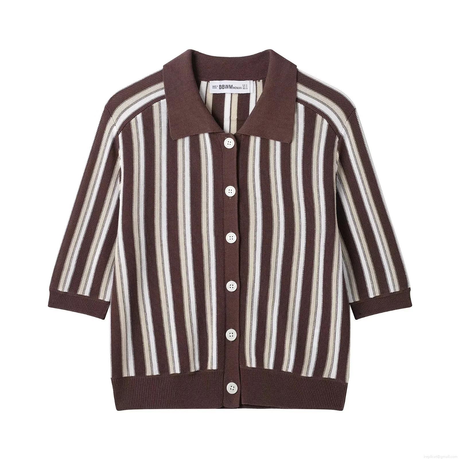 Women's Vintage Striped Knit Polo Shirt Short Sleeve Button Down Cardigan Top Retro Casual Lapel Collar Polyester Knitwear For Women Daily Streetwear