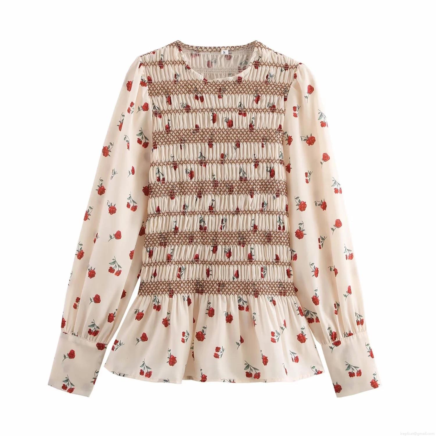 Women's Floral Print Smocked Blouse Polyester Long Sleeve Round Neck Ruffle Hem Top Vintage Casual Streetwear Shirt For Women Spring Autumn