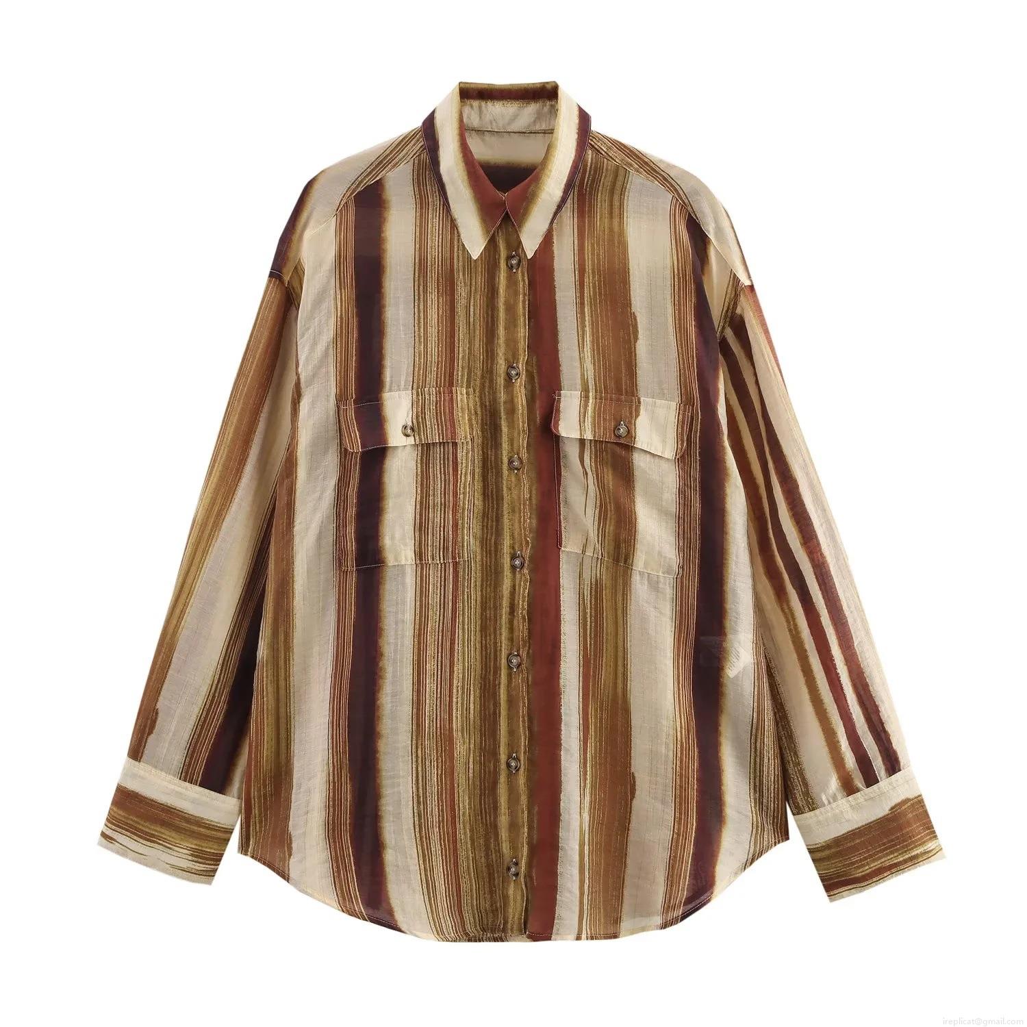 Women's Striped Long Sleeve Blouse Casual Button Down Shirt Vintage Polyester Turn-down Collar Loose Fit Tops for Women Work Office Daily Wear Brown Patchwork