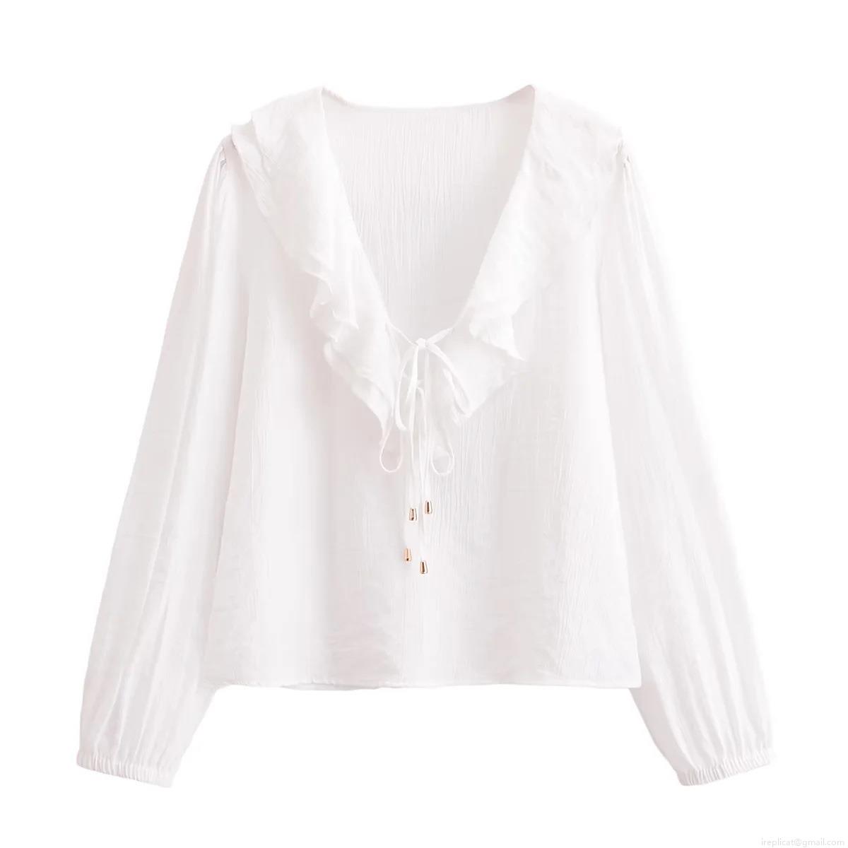 Women's Elegant White V-Neck Ruffle Blouse Long Sleeve Pleated Textured Pullover Shirt With Drawstring Gold Beads Detail Elegant Casual Fashion Tops For Ladies Daily Wear