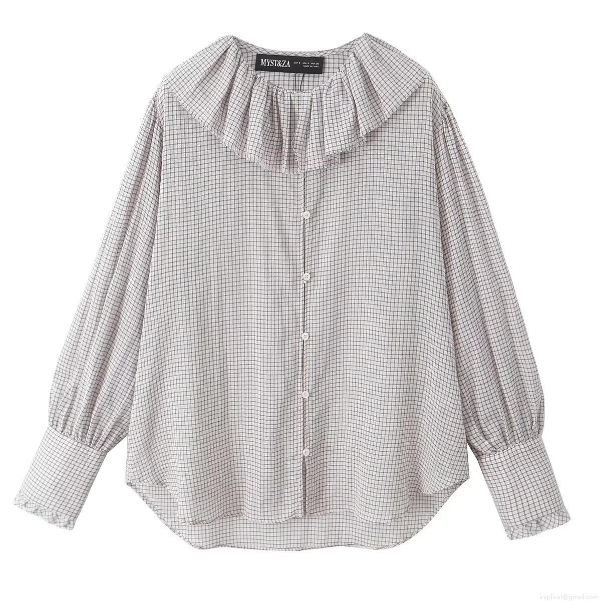 Women's Casual Plaid Long Sleeve Shirt With Ruffle Peter Pan Collar French Style Button Down Lantern Sleeve Blouse Top For Daily Wear