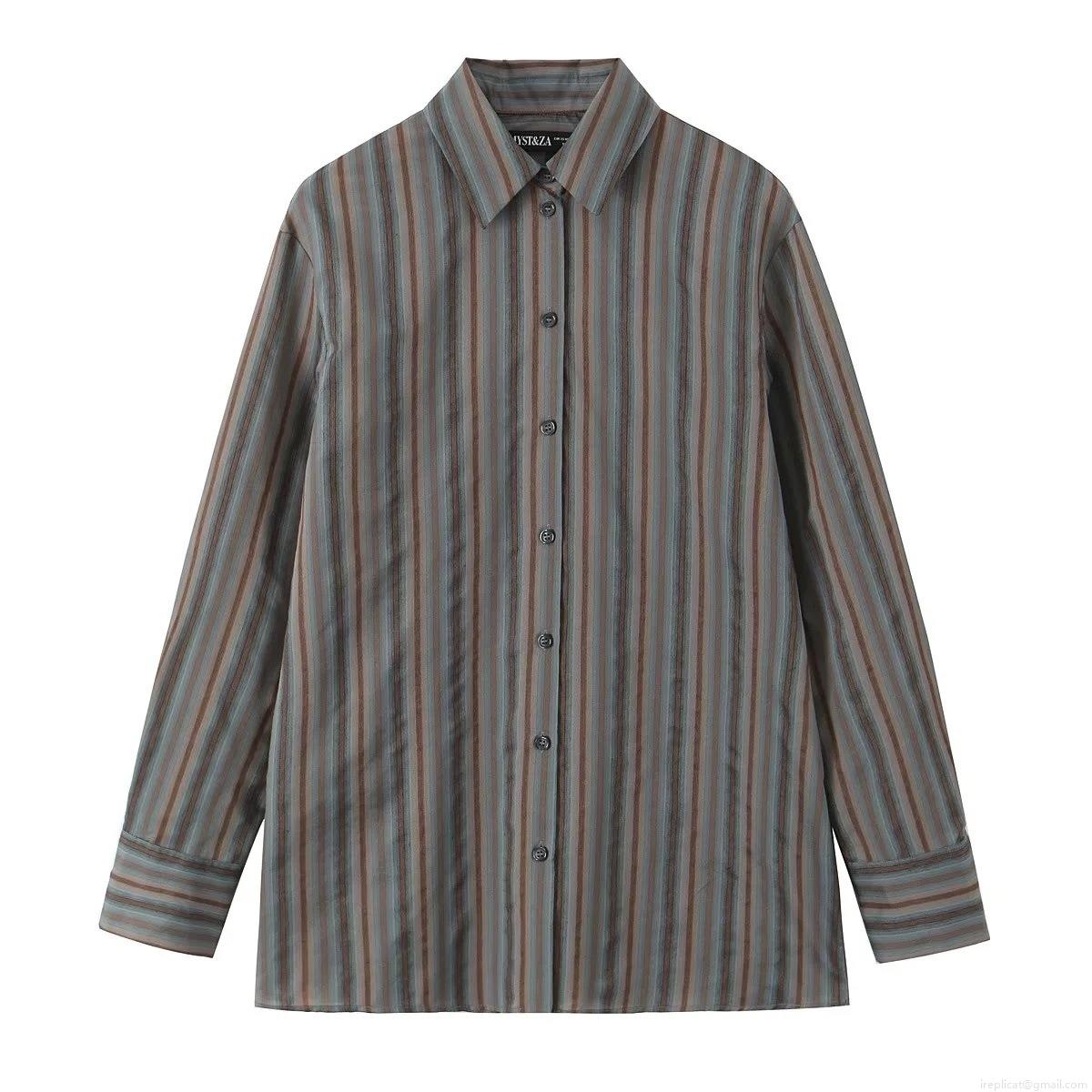 Women's Casual Polyester Striped Long Sleeve Button Down Shirt Blouse Office Daily Workwear Sophisticated Style Tops